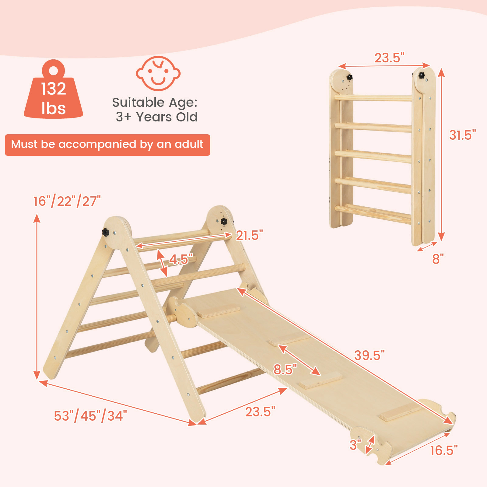 LJG 3-in-1 Climbing Set Foldable and Adjustable Kids Triangle Set