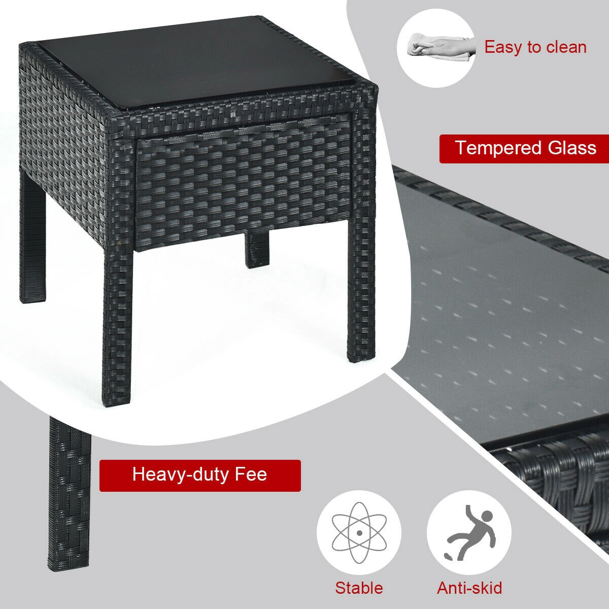 SUGIFT Red Seat Cushions and Side Table 3-Piece Outdoor Rattan Conversation Set