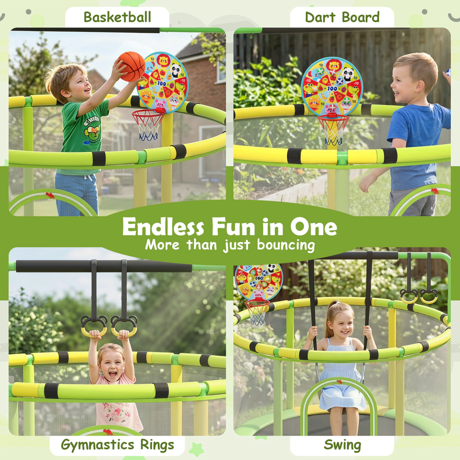 LJG 60 Inch 6-in-1 Kids Toddler Trampoline with Gymnastics Bar