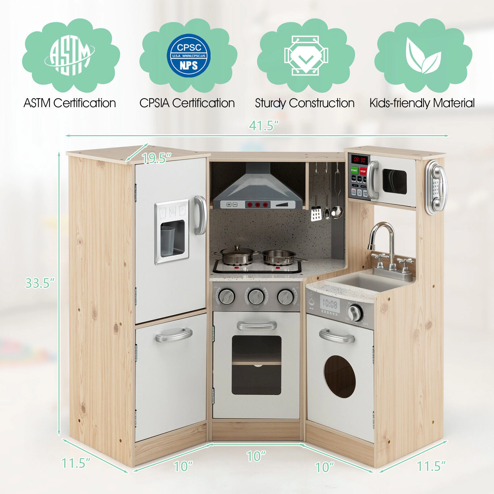 SUGIFT White and Natural Cookware Range Hood and Oven Kids Corner Wooden Kitchen Playset