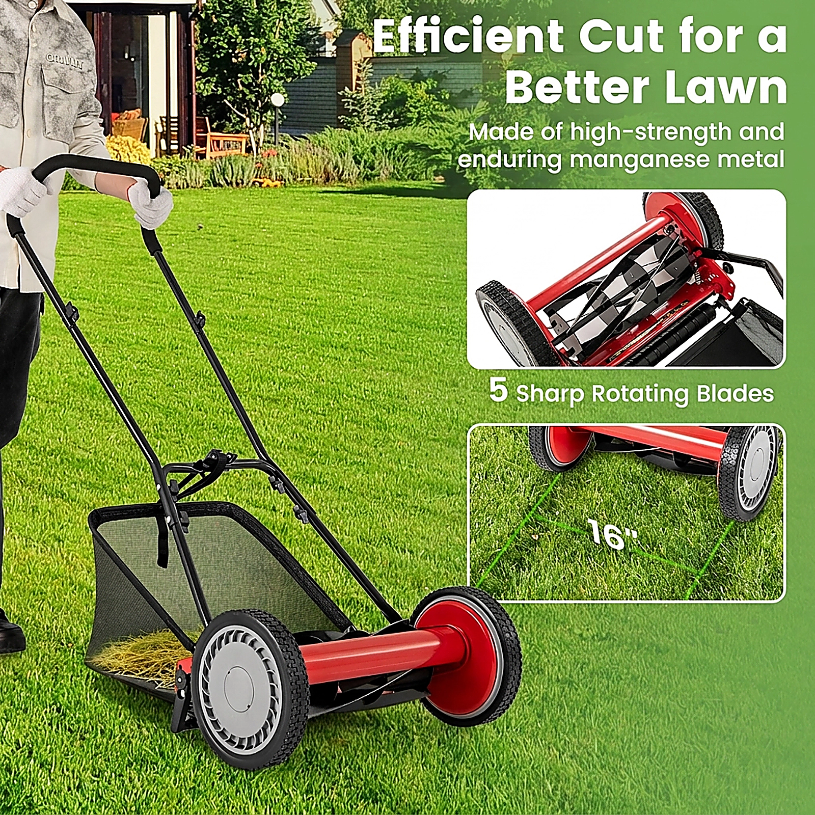 SUGIFT Red 16-in Manual Push Reel Lawn Mower with 5-Blade Cylinder 7-gal Bag and 10-in Non-Slip Wheels