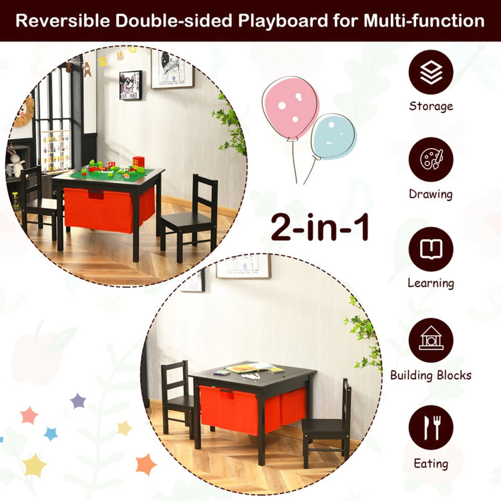 SUGIFT 2-in-1 Kids Activity Table & 2 Chairs Set with Storage 200-lb Table Capacity 100-lb Chair Capacity Ages 3-8 Years