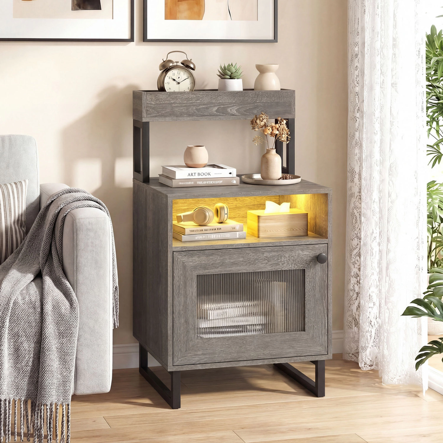 Hivvago Nightstand with LED Lights Modern End Table Top Tray Open Compartment and Storage Cabinet