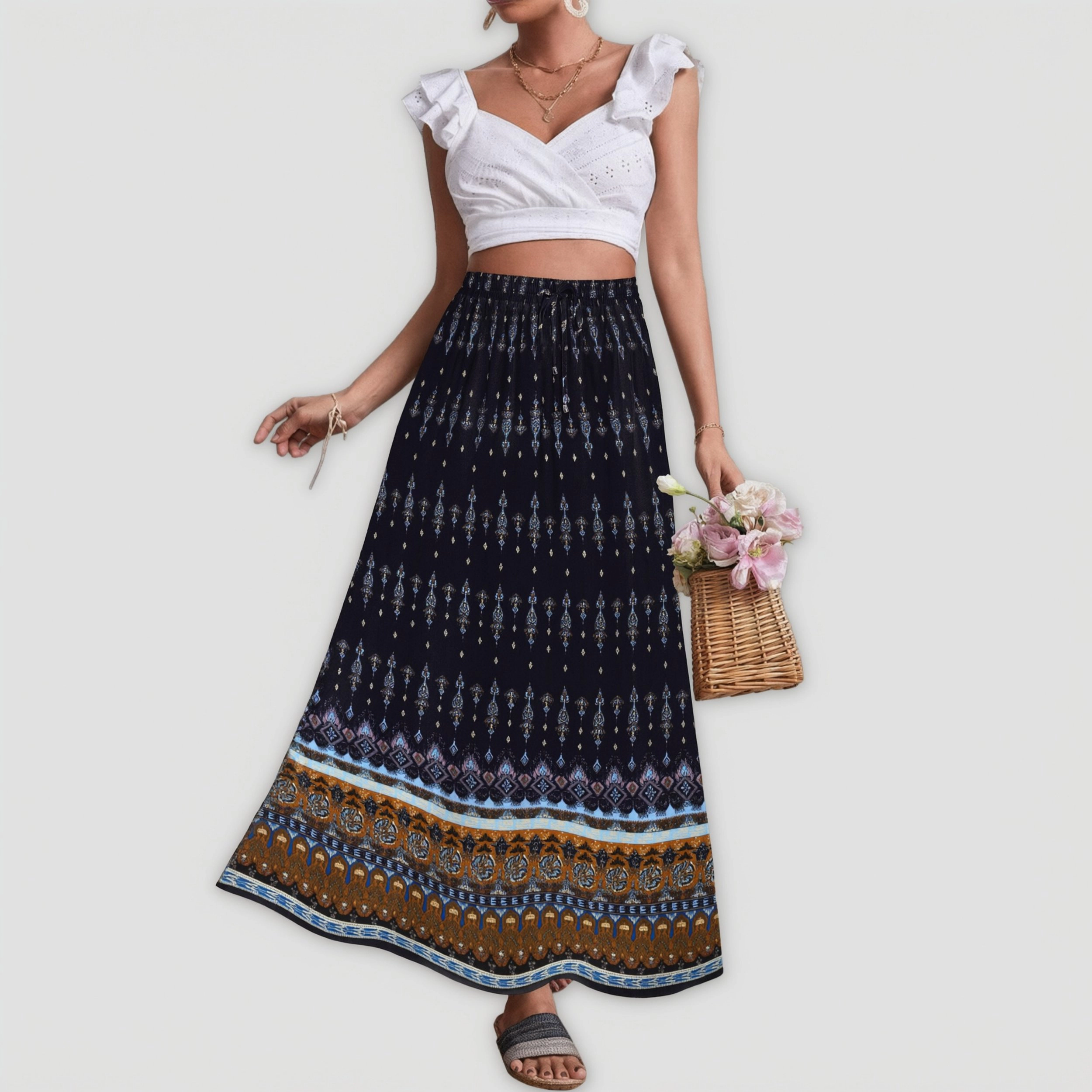 Zeagoo Women's Boho Floral Maxi Skirt Elastic Waist with Pockets