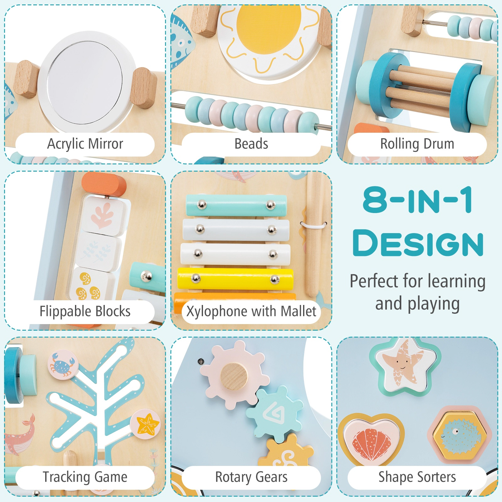 SUGIFT Blue Wheels Wooden Baby Walker 8-in-1 Push and Pull Learning Activity Center