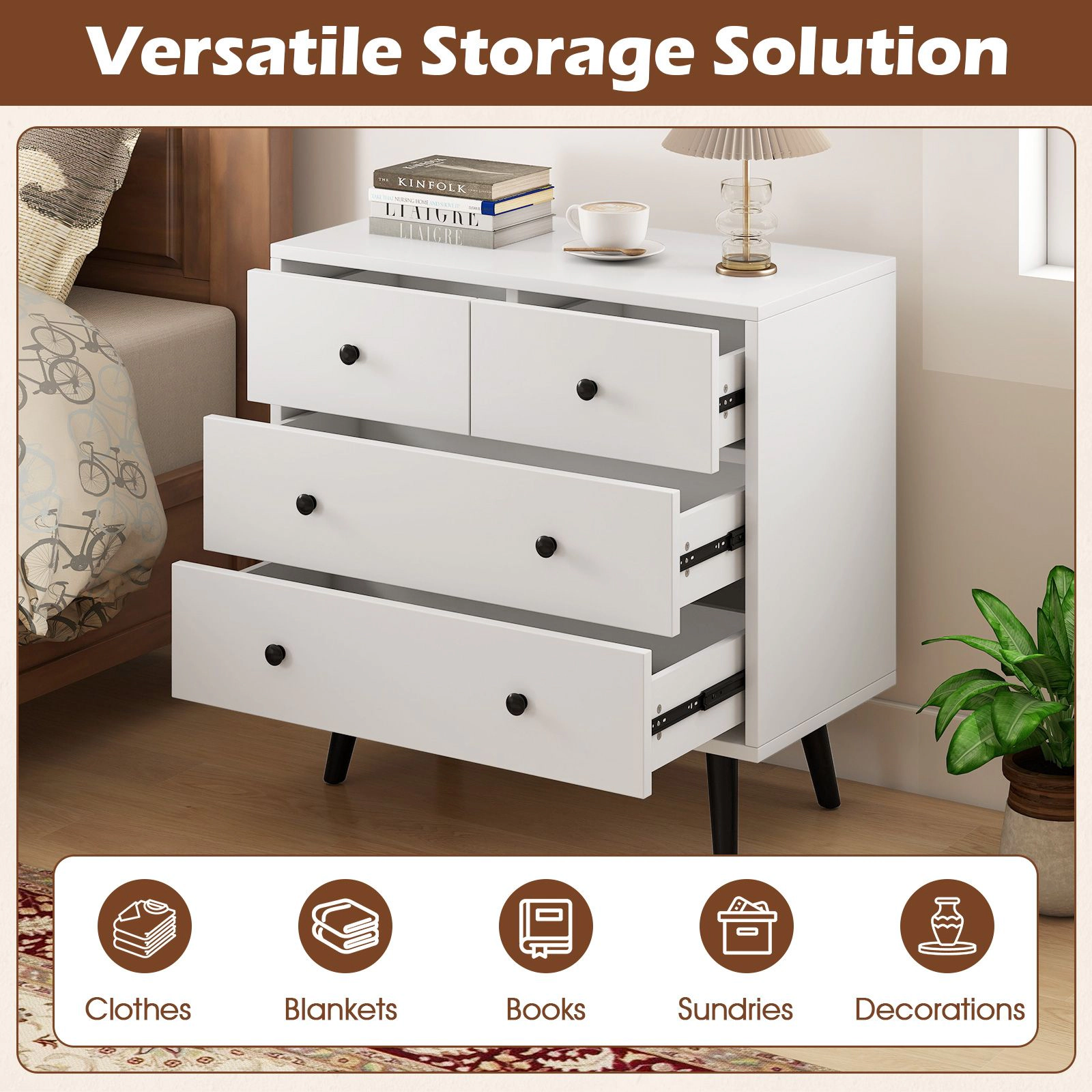 SlickBlue 4-Drawer Wood Dresser Storage Cabinet with Wide Top