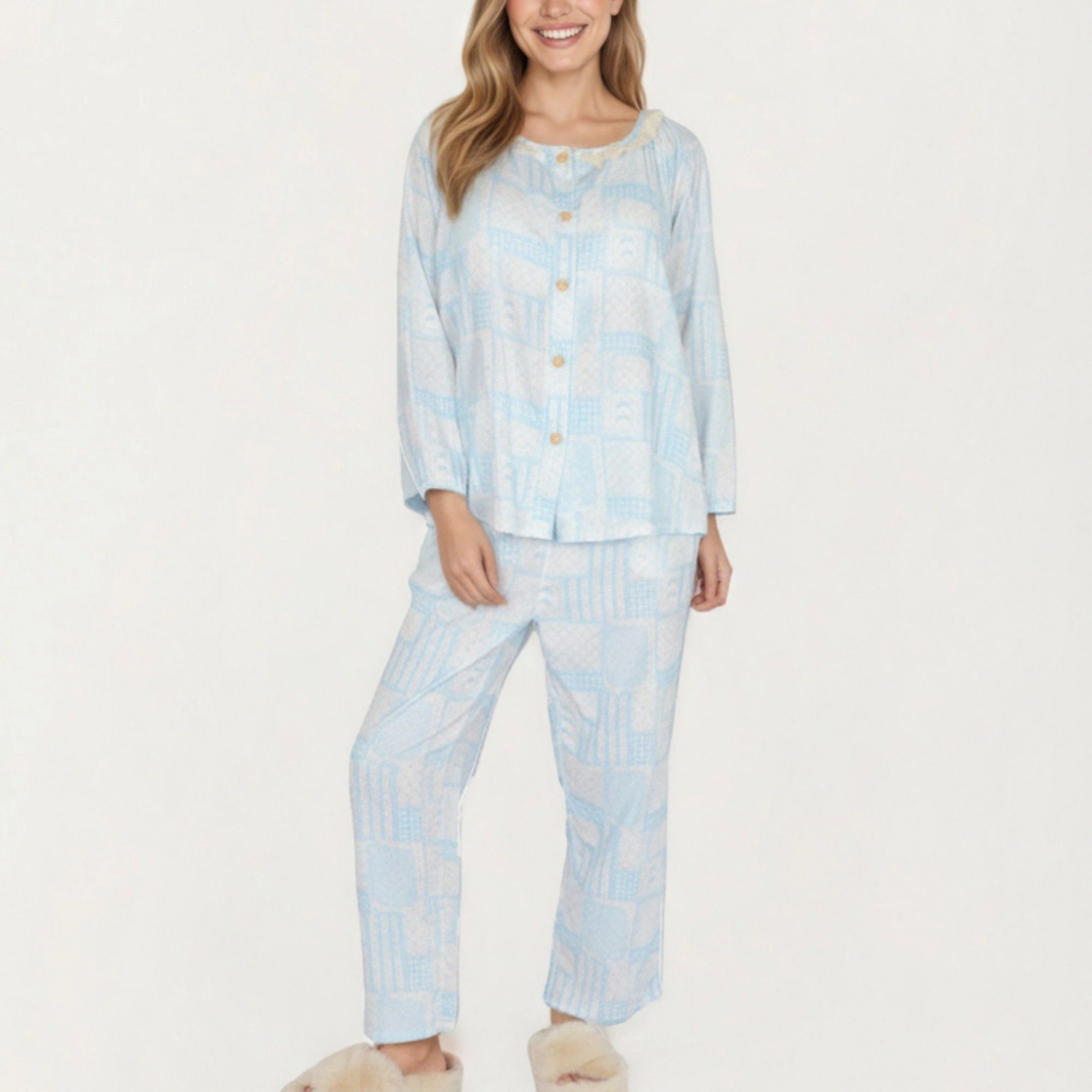 Anna-Kaci Women's 2-Piece Button Front Top with Built-In Chest Pads and Relaxed Pants Pajama Set Floral Print