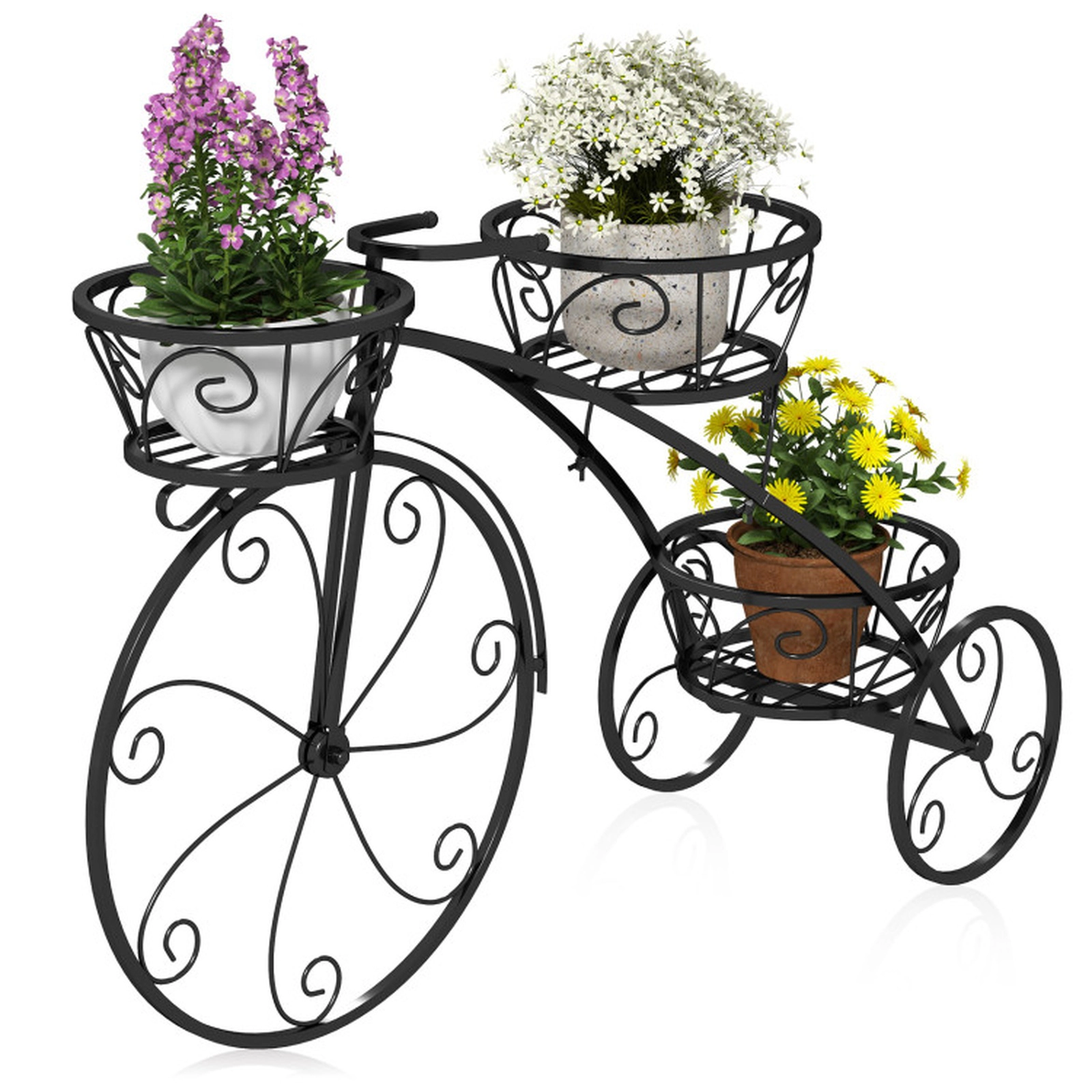 SUGIFT 3-Tier Tricycle Plant Stand Flower Pot Cart Holder with 3 Hollowed Baskets 11-lb Capacity Black
