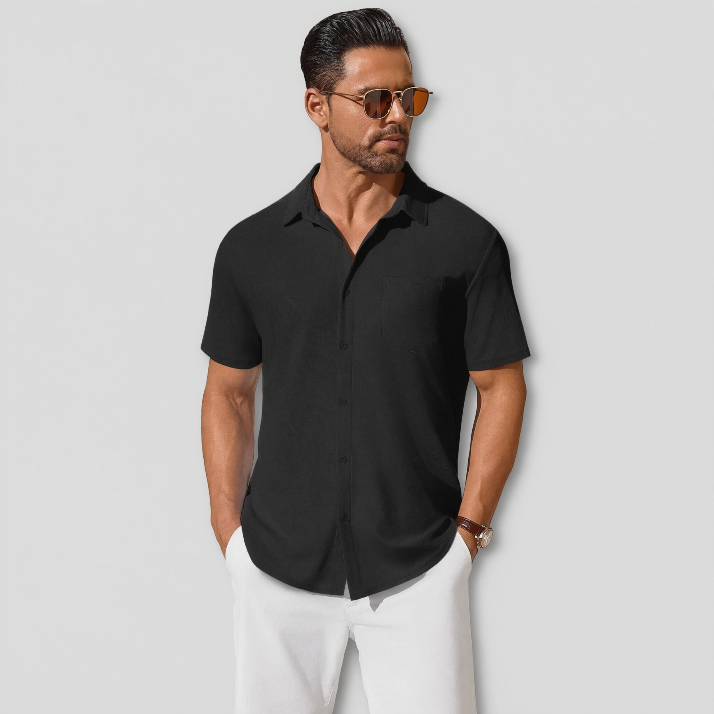 COOFANDY Mens Short Sleeve Button Down Shirts  Lapel Collar Casual Pocket Tops