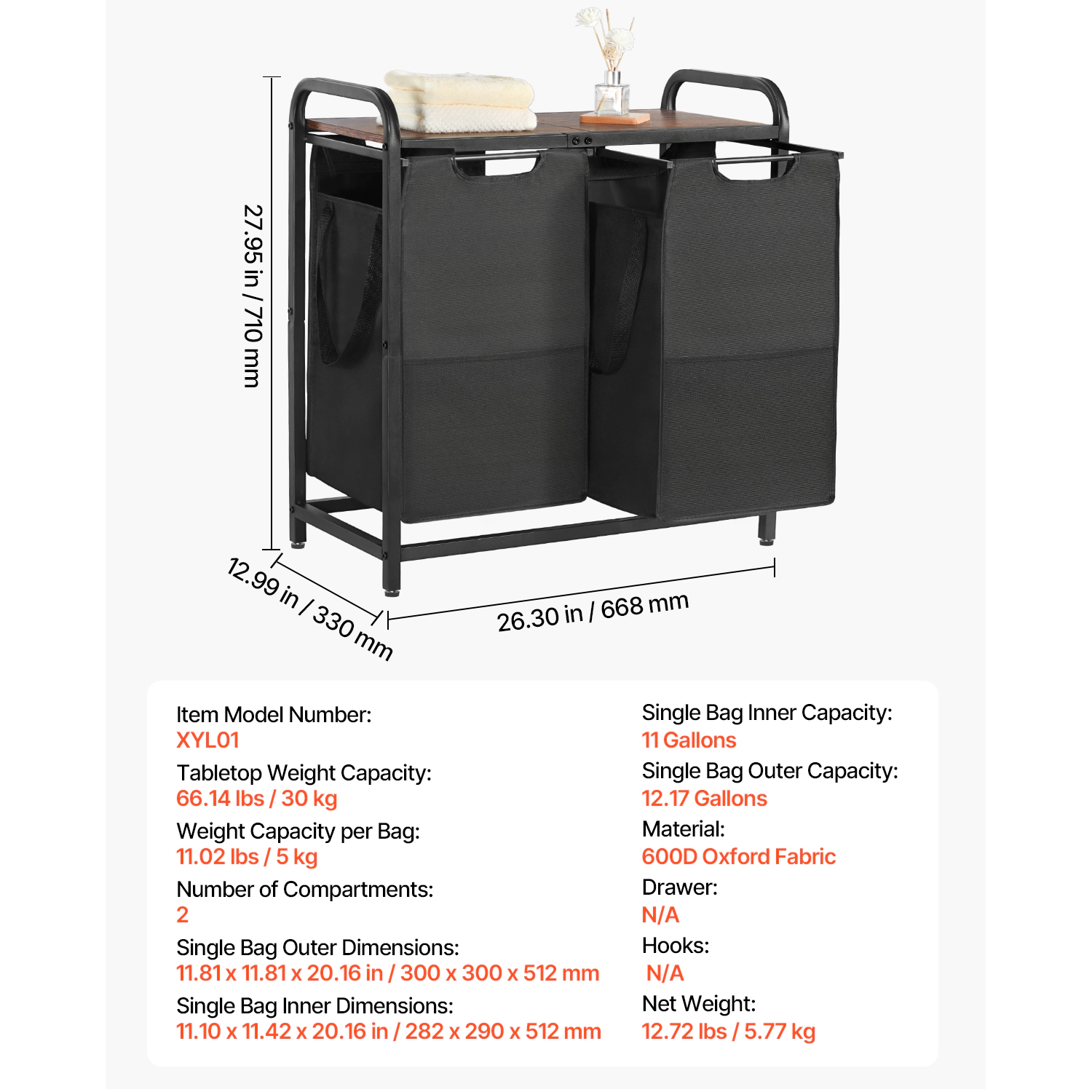 HONGGE 2-Section Laundry Sorter Hamper with Wood Tabletop, Metal Frame & Pull-Out 600D Oxford Fabric Bags