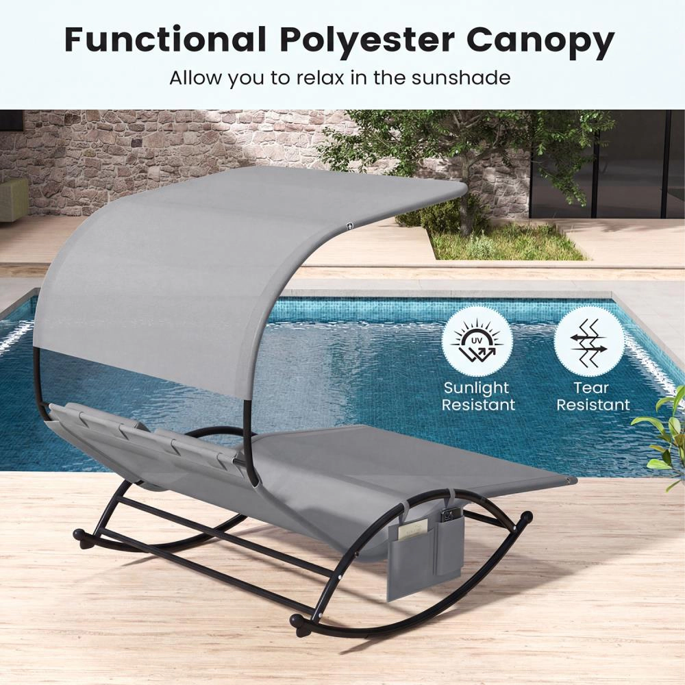 Hivvago Outdoor Dual Rocker Sunbed 2-Person Canopied Patio Lounger With Detachable Headrests
