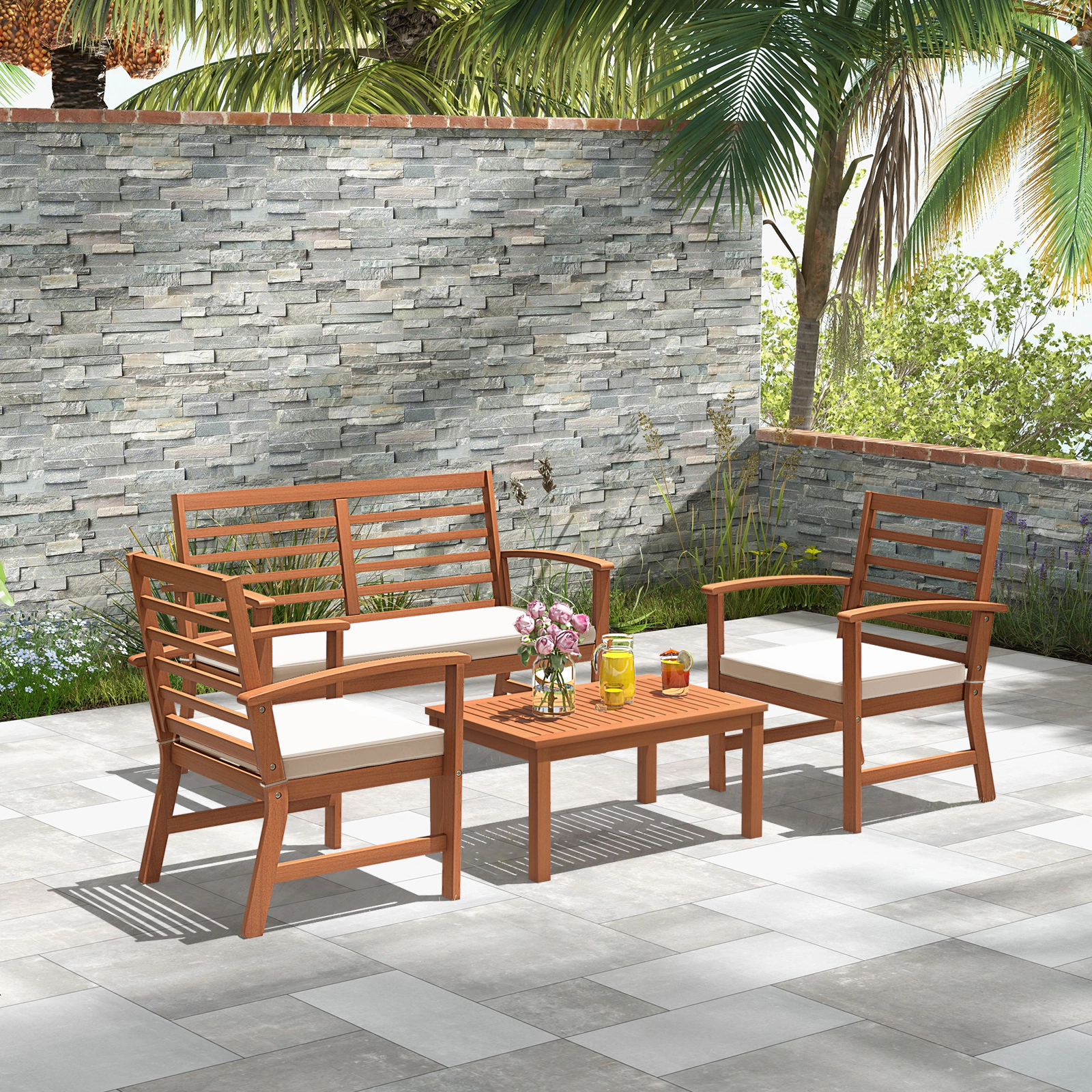 LJG 4 Pieces Outdoor Furniture Set with Stable Acacia Wood Frame