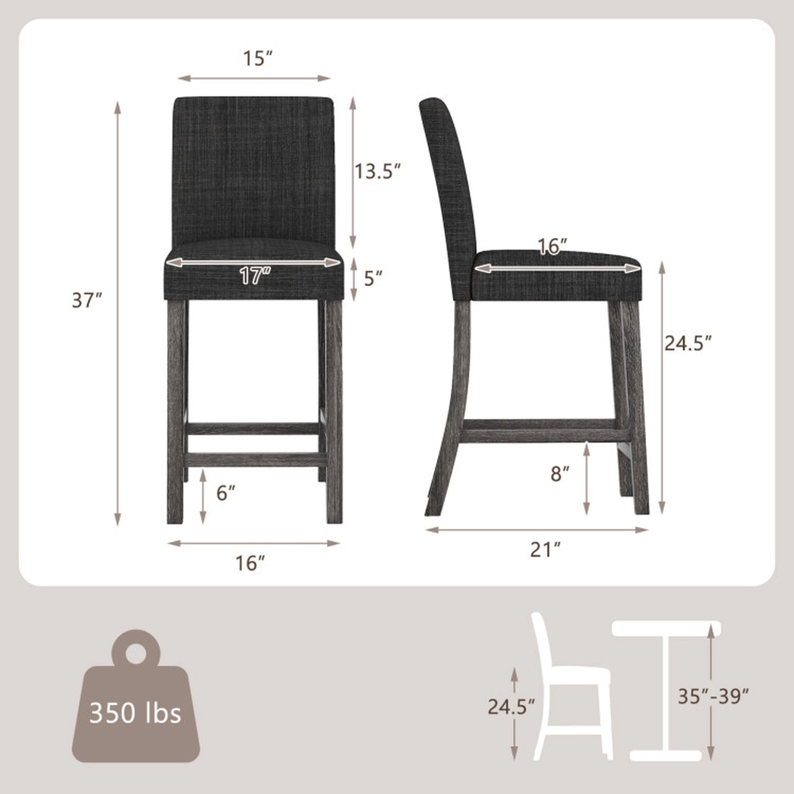SUGIFT Counter Height Upholstered Bar Stools Set of 2 with Back and Footrest 350-lb Capacity Gray Beige