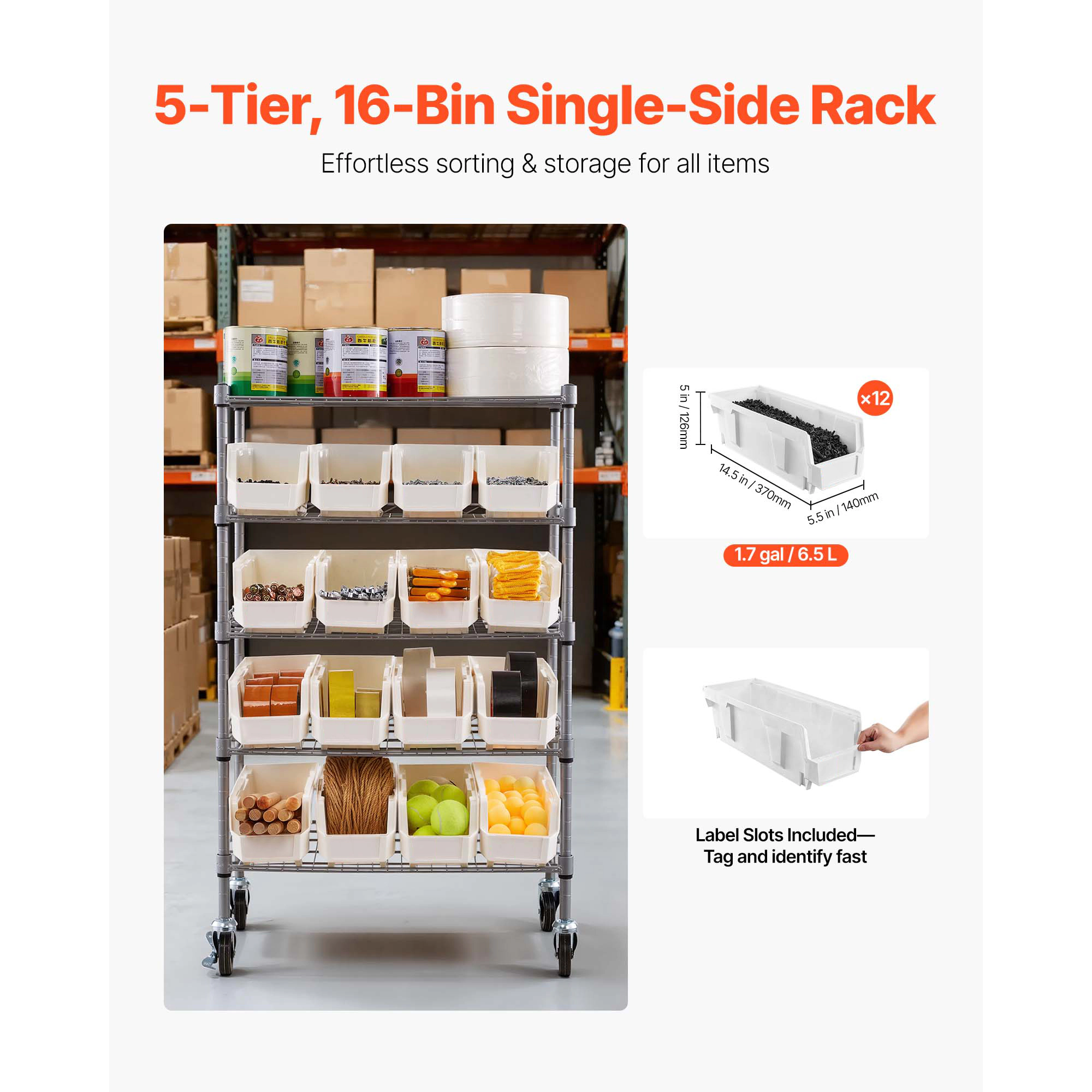 Flynama 5-Tier Rolling Bin Storage Rack with 16 Bins and Wheels, Mobile Steel Organizer for Garage, Warehouse and Office