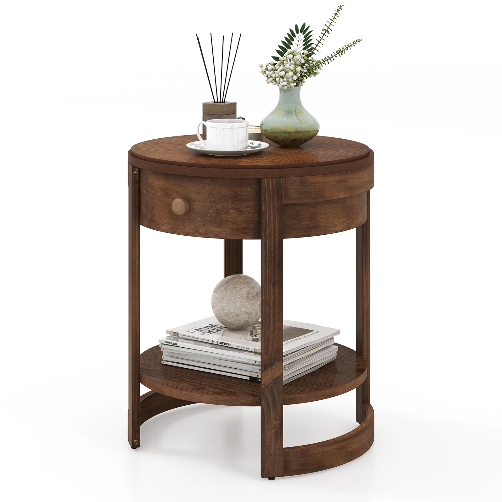 SUGIFT 24-In Round Mid-Century Modern Nightstand with Drawer and Open Shelf