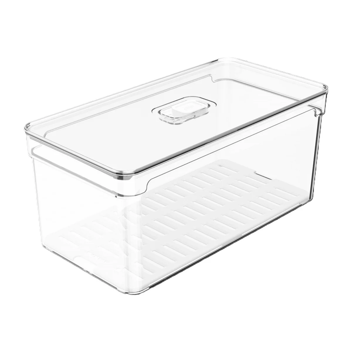 OU Fridge Organizer Bin w/ Vented Lid, Clear Stackable Refrigerator Storage Container w/ Drain Tray, 5.3 Quart Capacity