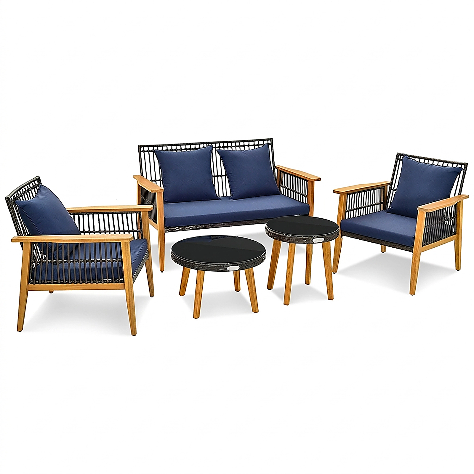 SUGIFT 5-Piece Navy Outdoor Patio Conversation Set with Loveseat, Chairs and Glass Tables