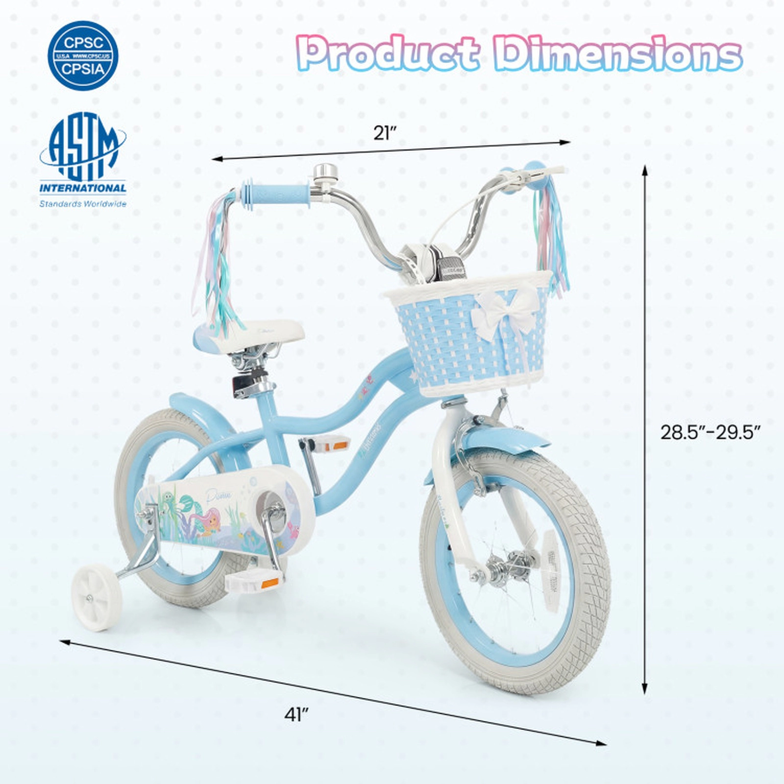 SUGIFT 14-in Blue Kids Bike with Training Wheels Storage Basket Streamers and Mermaid Graphics
