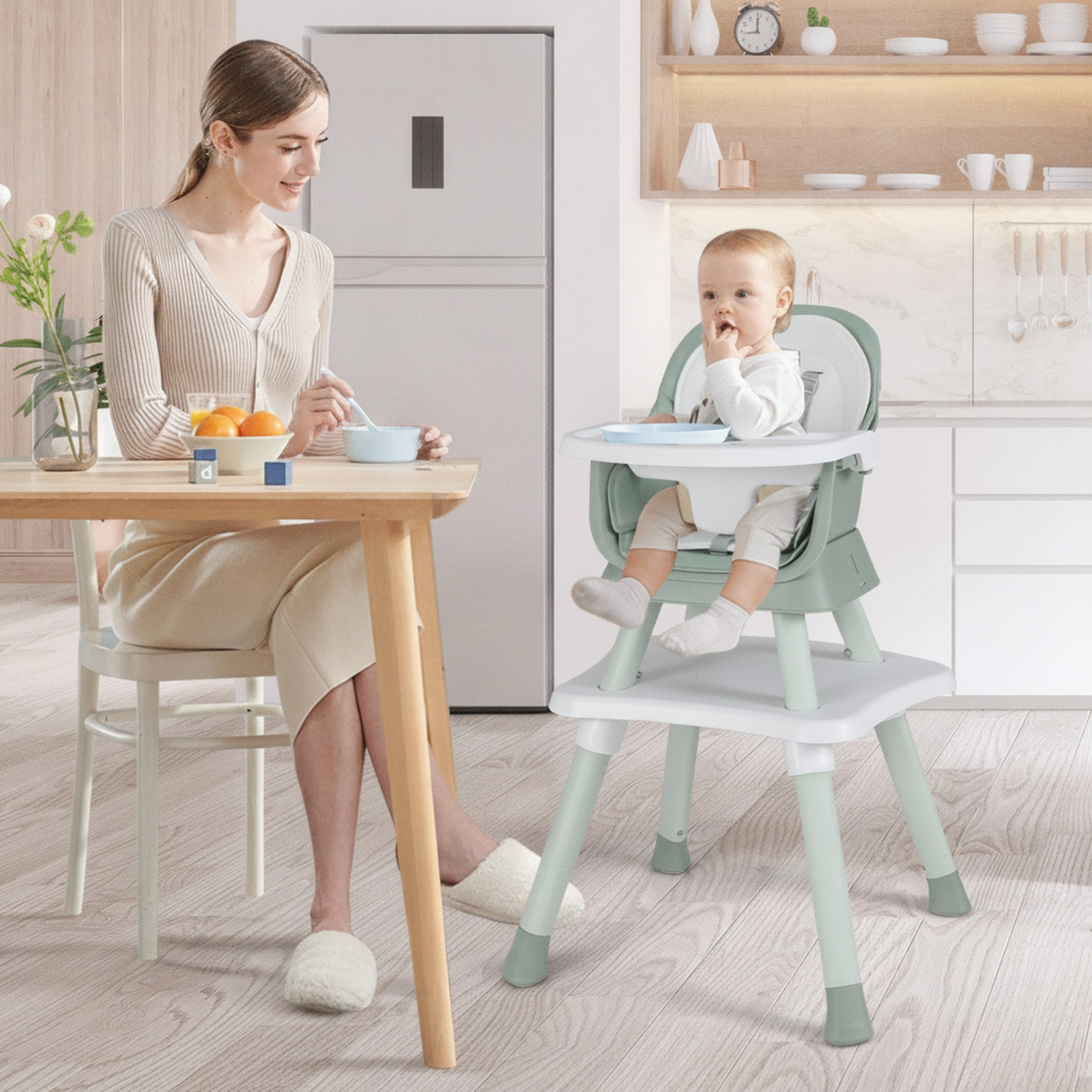 Easy-Clean 6-in-1 Baby Highchair Dishwasher-Safe BPA-Free Tray Removable Cushion Anti-Falling Barrier Green