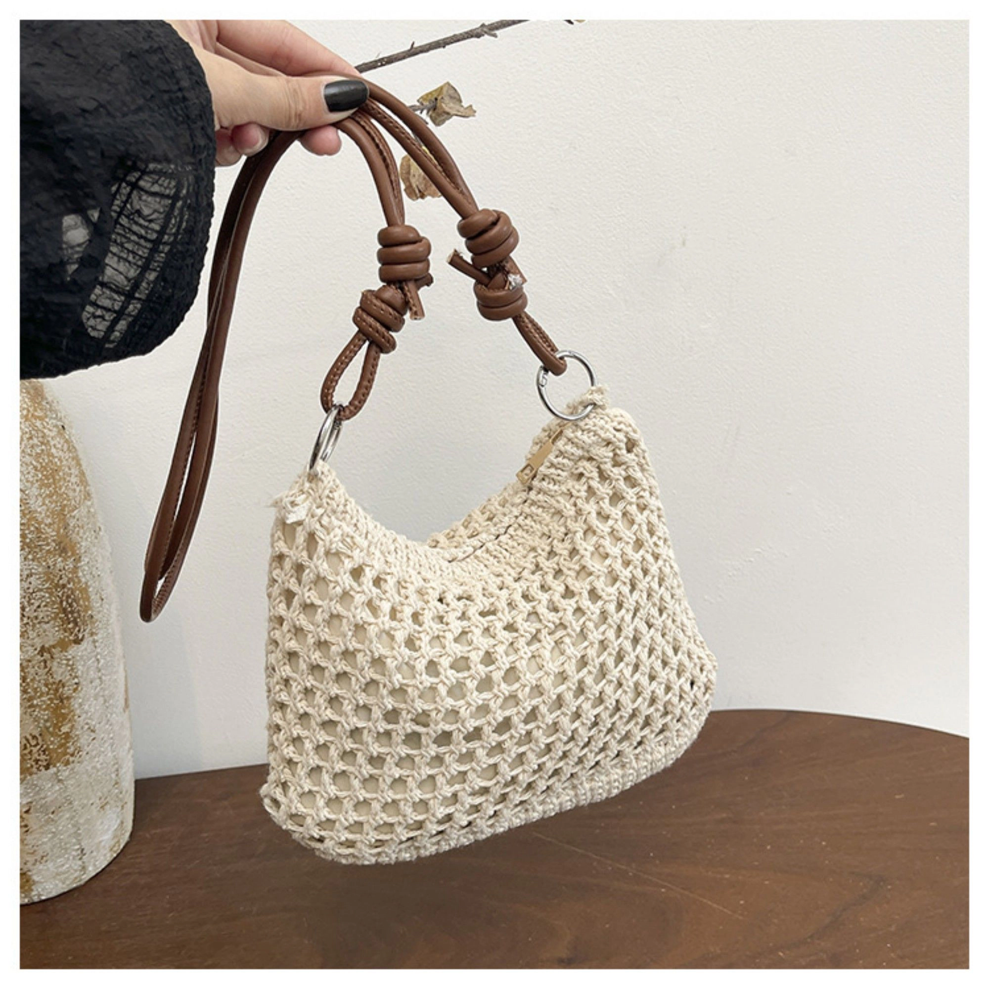 Alilang Women's Woven Net Shoulder Bag with Long Strap and Zipper Closure