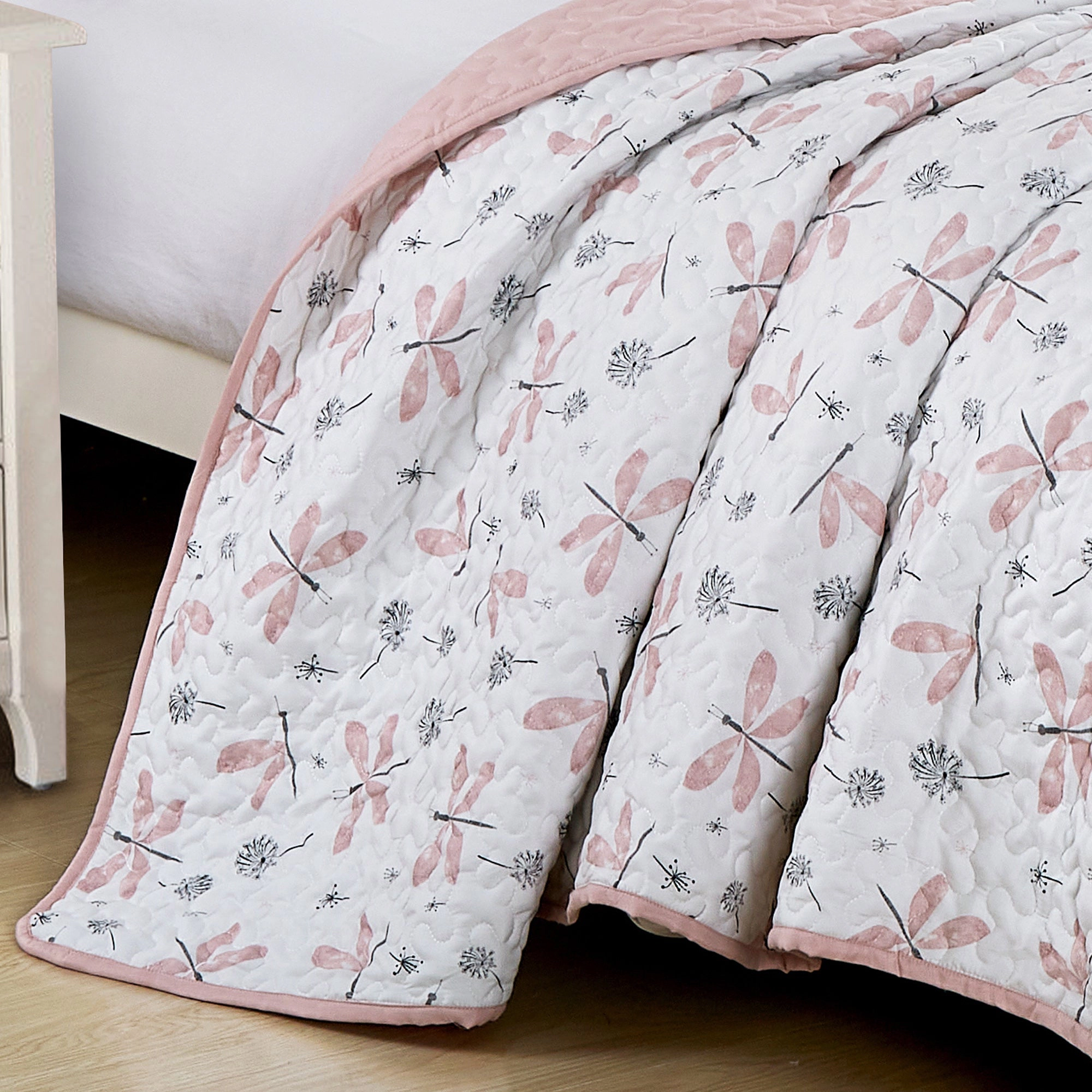 MarCielo 2/3 Piece Kids Dragonfly Dandelion Reversible Quilt Set – Floral Bedspread