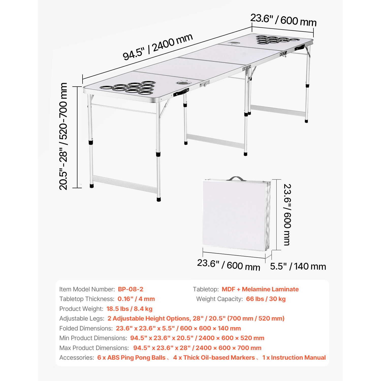 HONGGE 8 FT Portable Folding Beer Pong Table with Adjustable Height & Cup Holes, White Tailgate Table