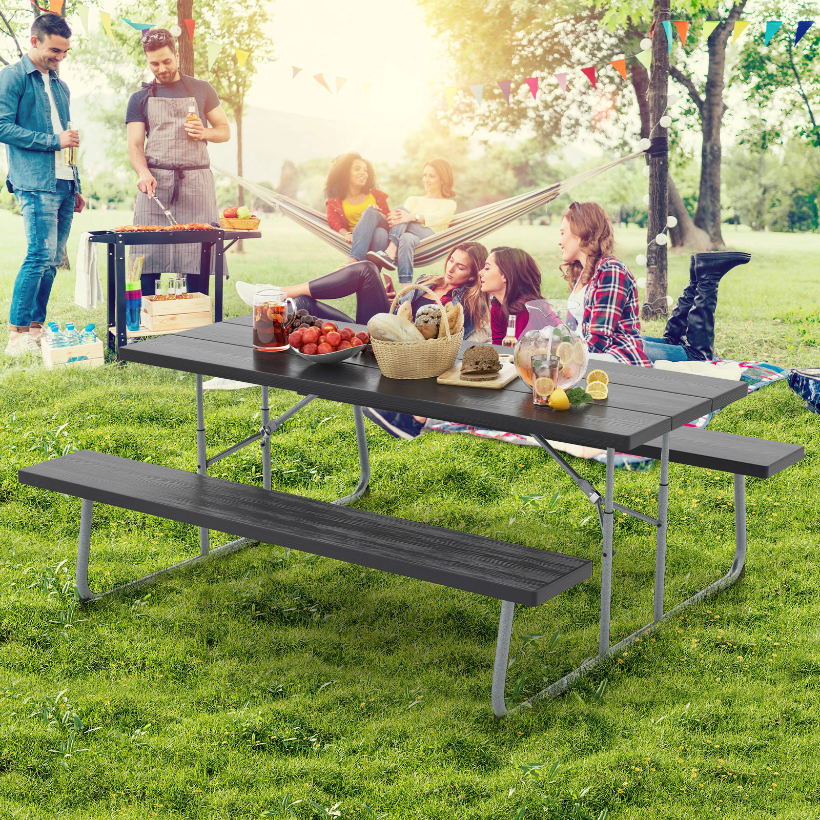 SUGIFT 6-Ft Black Fold-Flat HDPE Picnic Table and Bench Set with Umbrella Hole