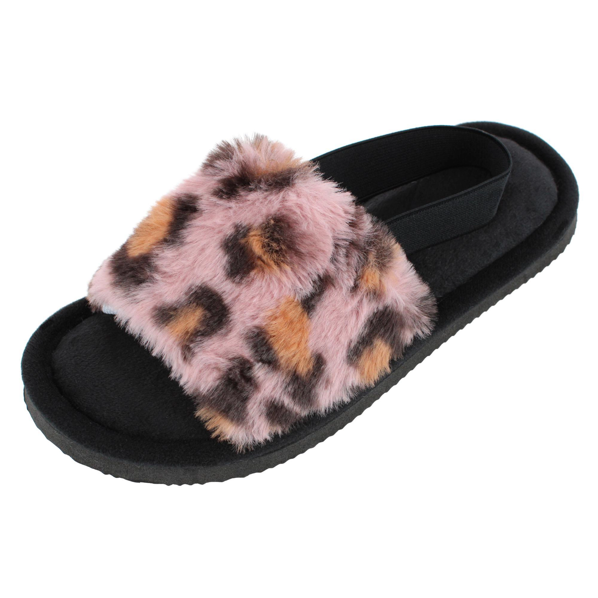 CTM Women's Cozy Leopard Plush Open Toe Slippers with Back Strap