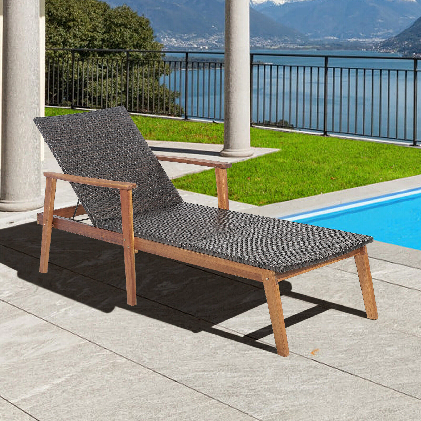 SUGIFT Patio Chaise Lounge, Adjustable Backrest, Acacia Wood Frame, Mixed Brown PE Wicker