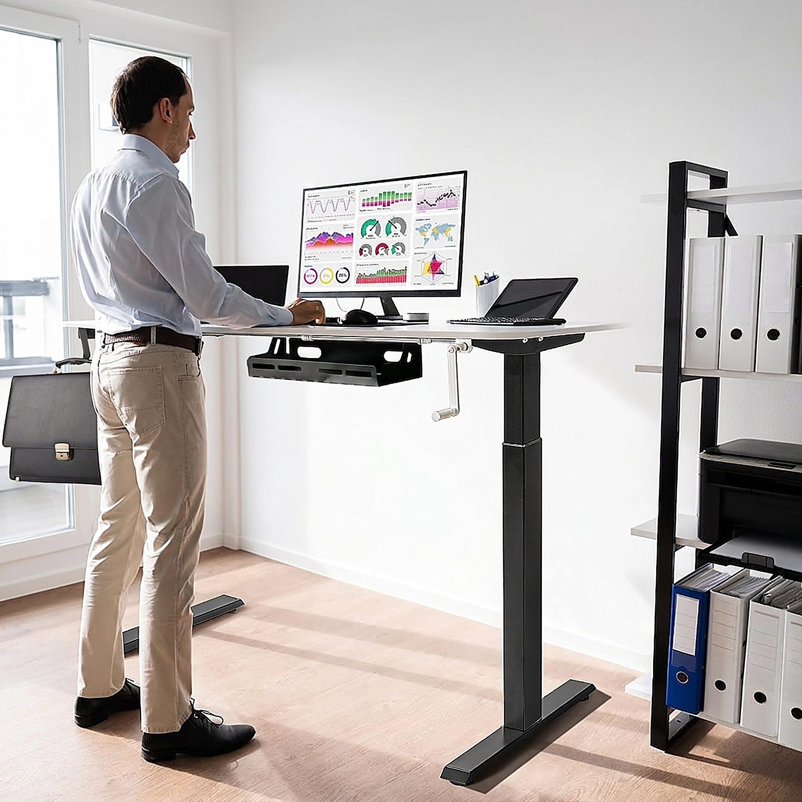 SUGIFT Hand Crank Sit to Stand Desk Frame Height Adjustable Standing Base 110-Lb Capacity 41-in x 23-in Steel Black