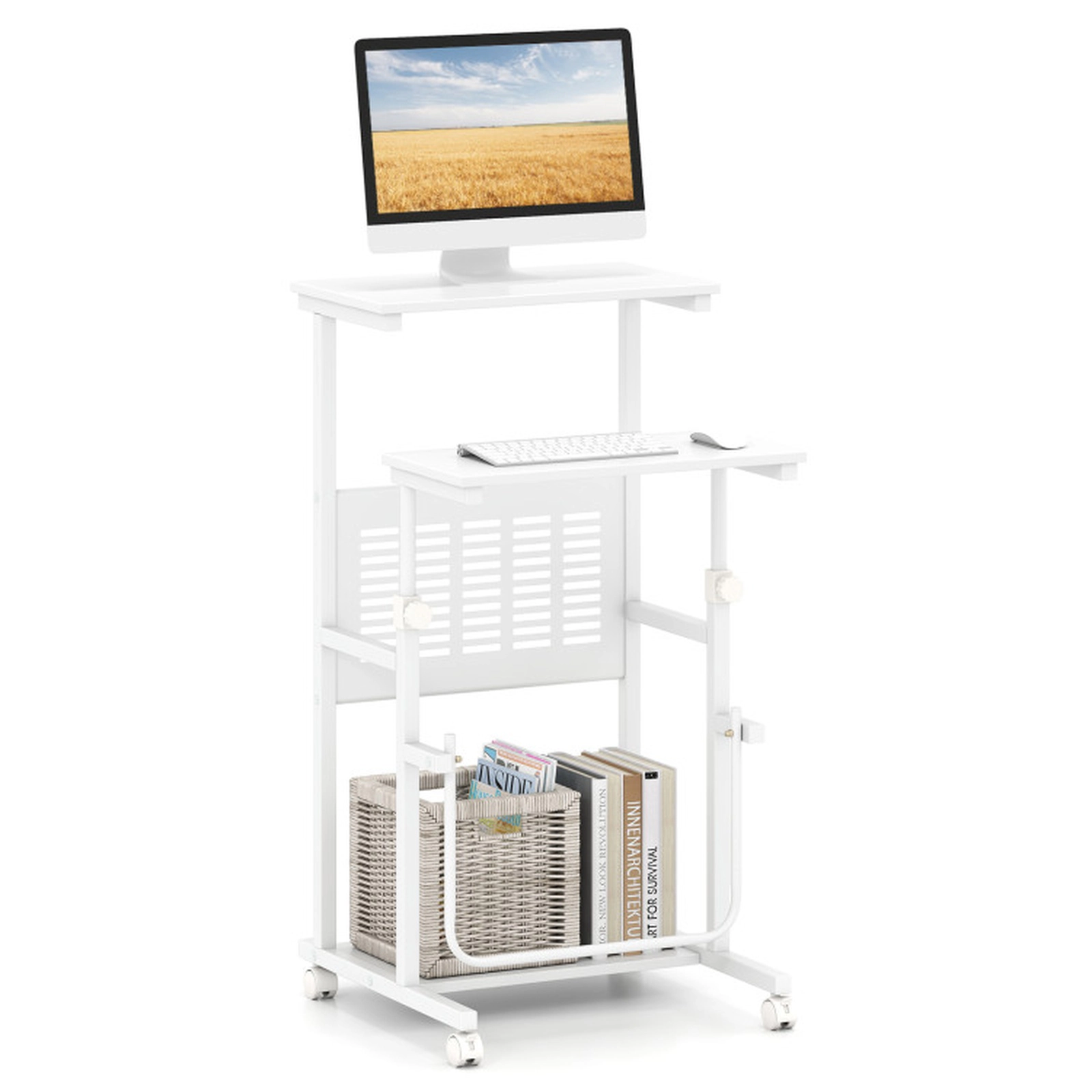 SUGIFT Height Adjustable 4 Wheels Bottom Shelf Mobile Stand Up Computer Desk 22-in x 21-in x 27-in to 38.5-in White