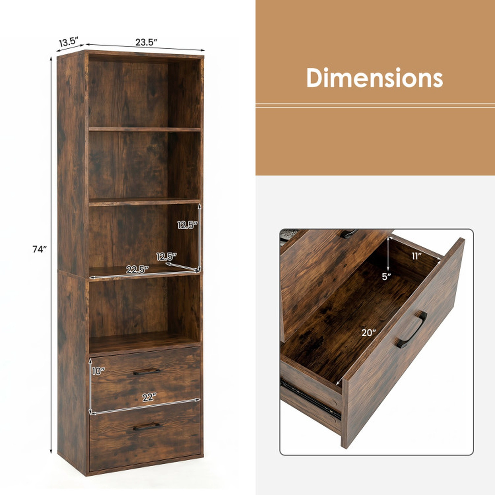 SUGIFT 6-Tier Rustic Brown 74-in Tall Freestanding Bookshelf with 2 Drawers and 4 Open Shelves for Office