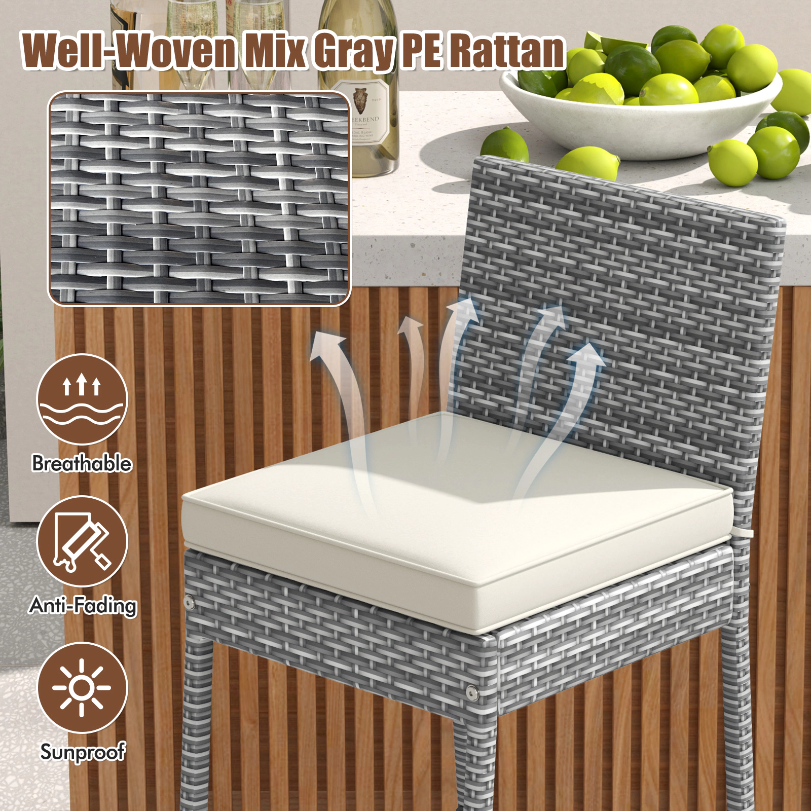 LJG Set of 2/4 Patio Wicker Barstools with Soft Seat Cushion and Cozy Footrest-Set of 4