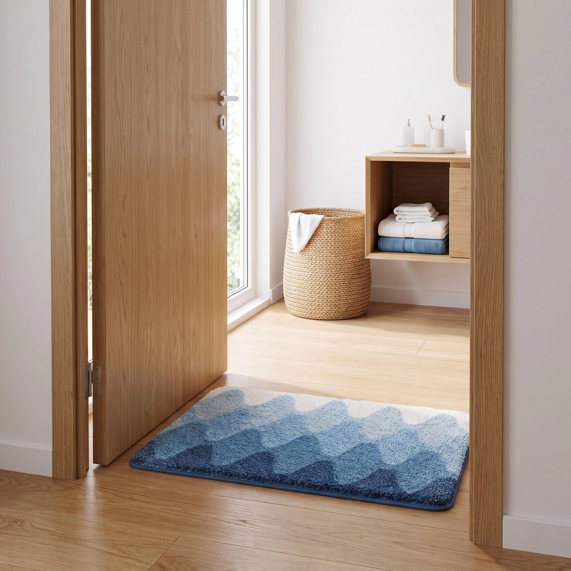 Alilang Unisex Blue Ombre Abstract Wave Plush Bathroom Mat with Soft Tufted Surface and Bound Edges