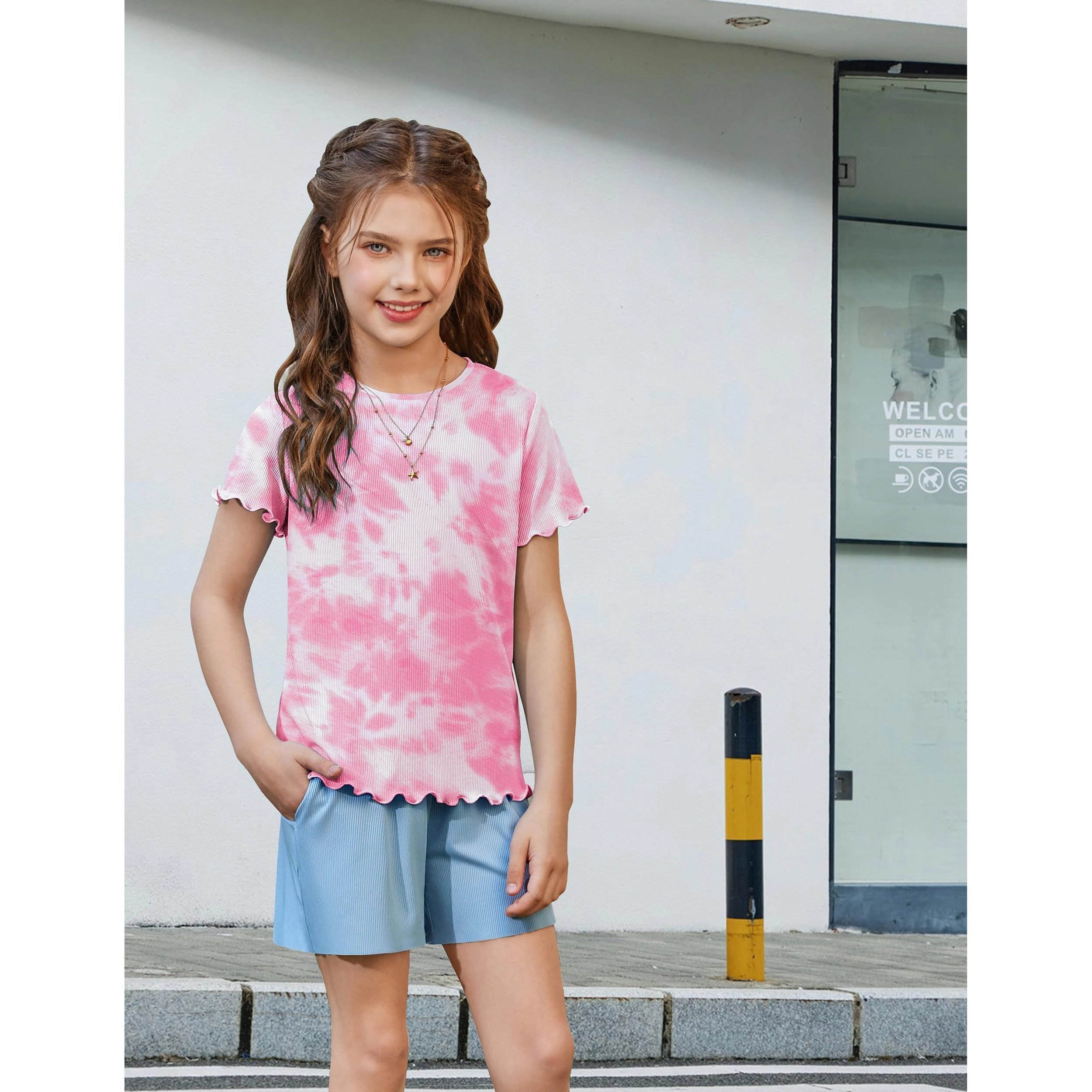 Arshiner Girl's Lettuce Trim Short Sleeve Ribbed Knit Crewneck T-Shirt