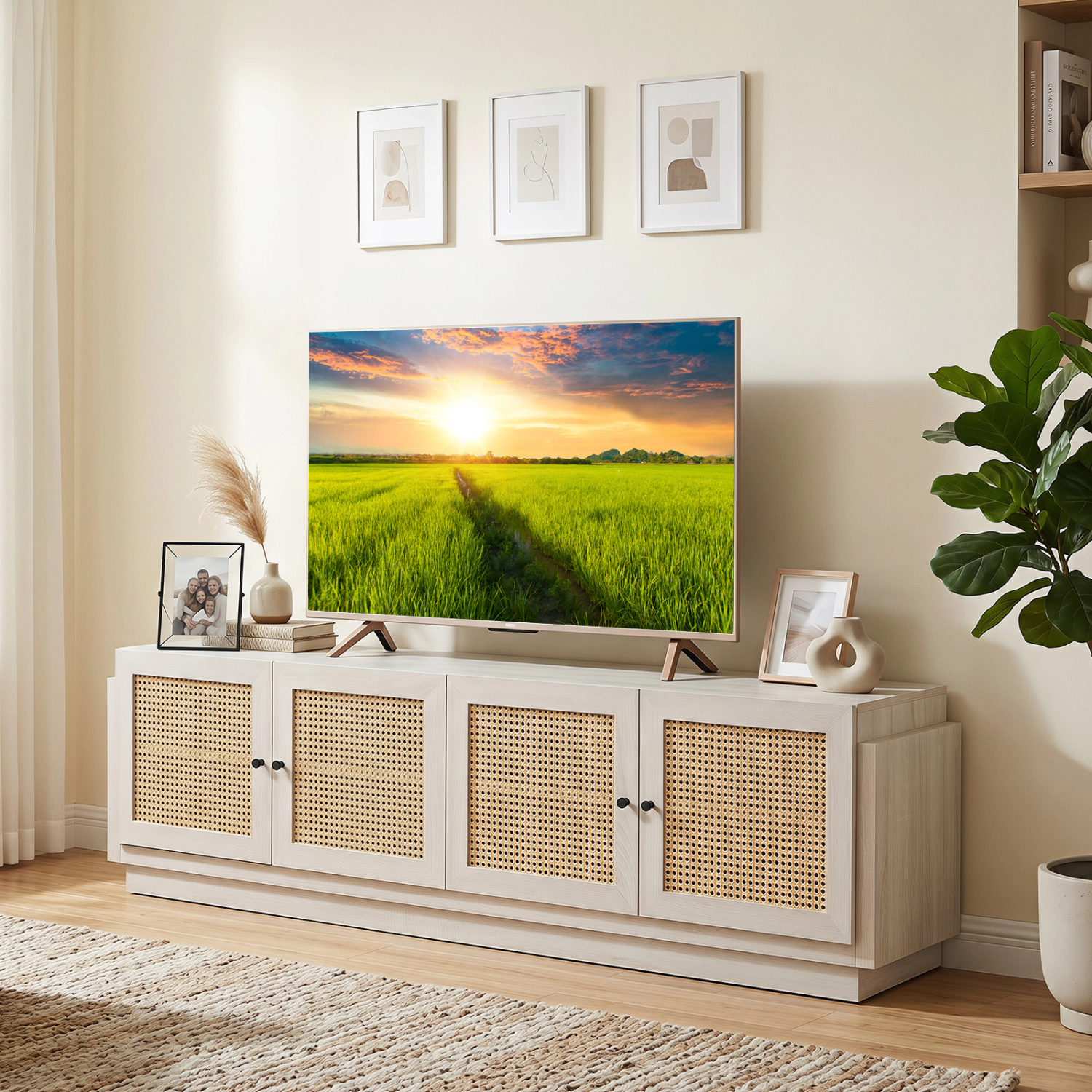 Glintex 70-Inch Farmhouse TV Stand with 4 Rattan Doors and 8 Cable Holes