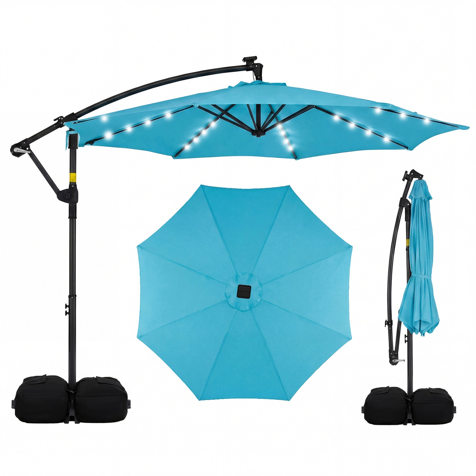 SUGIFT 10-ft Gray Solar LED Offset Cantilever Patio Umbrella with Weighted Cross Base 6.2-ft Rim Height