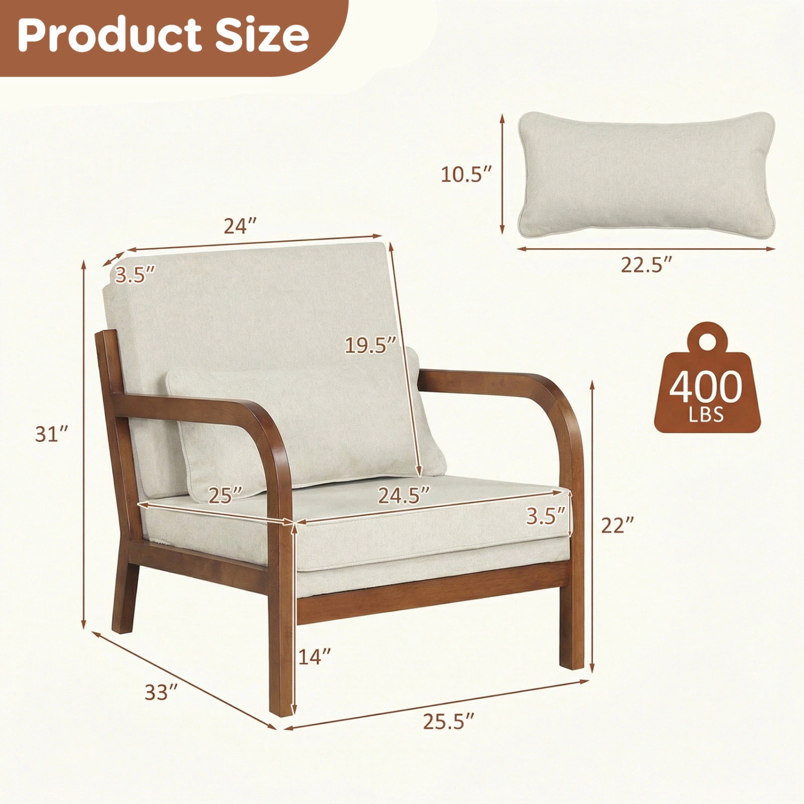 SUGIFT Modern Rubber Wood Accent Armchair Faux Leather Linen Upholstery 400-Lb Capacity 33-in Frame Brown Beige 1-Piece