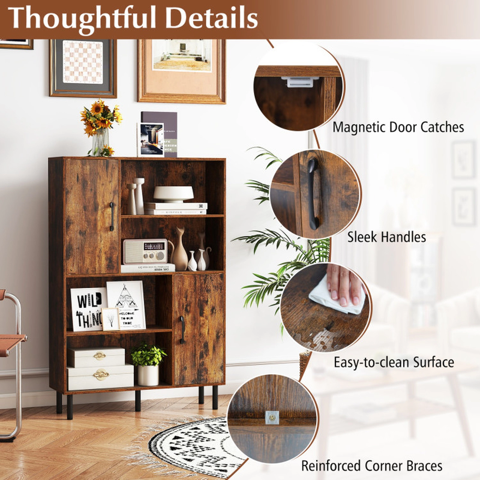 SUGIFT 47-in Storage Cabinet Freestanding Bookcase with 2 Doors 4 Open Shelves 176-lb Capacity Rustic Brown