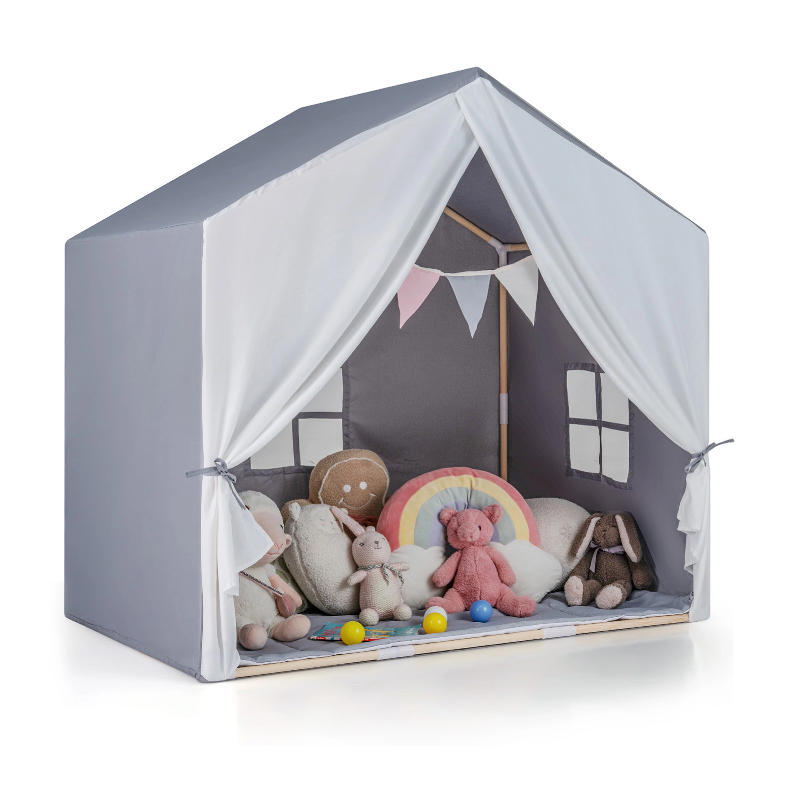 SUGIFT Washable Cotton Mat and Flag Banner Pine Wood Kids Play Tent
