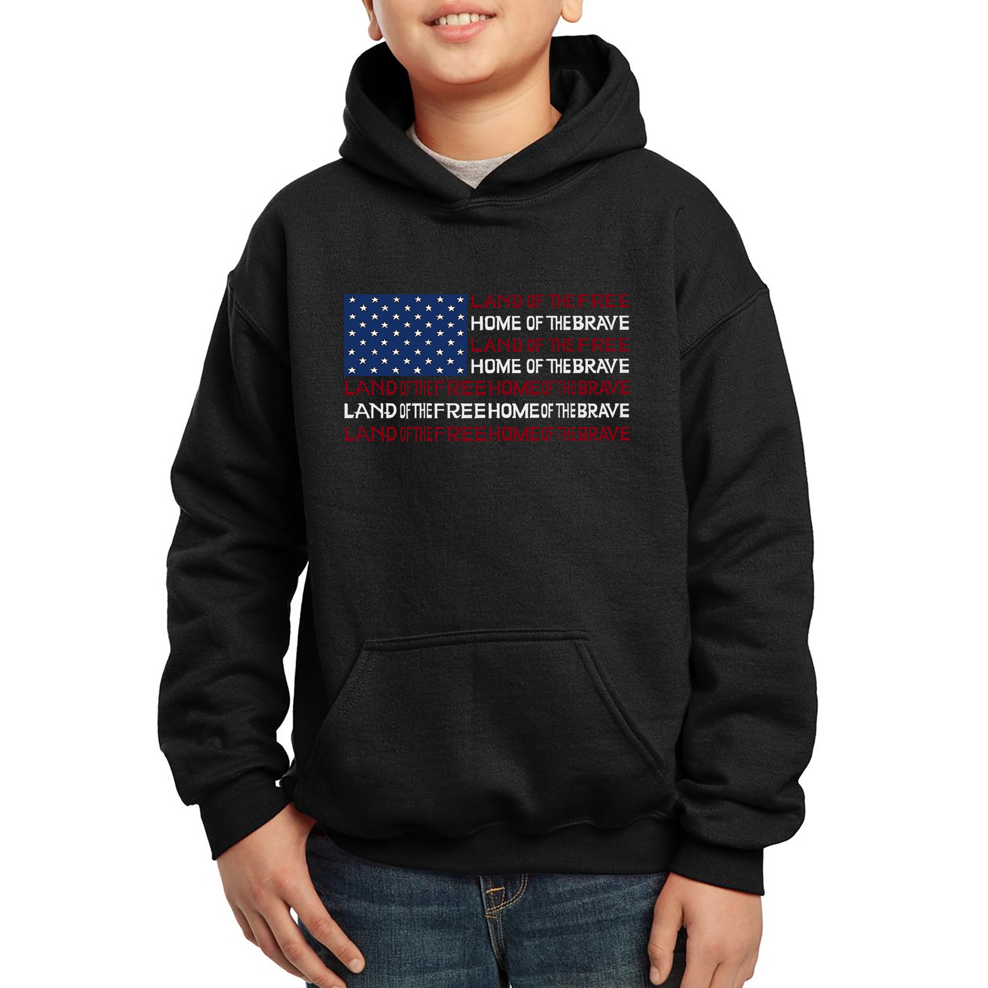 LA Pop Art Boy's Word Hoodie - Land of the Free American Flag