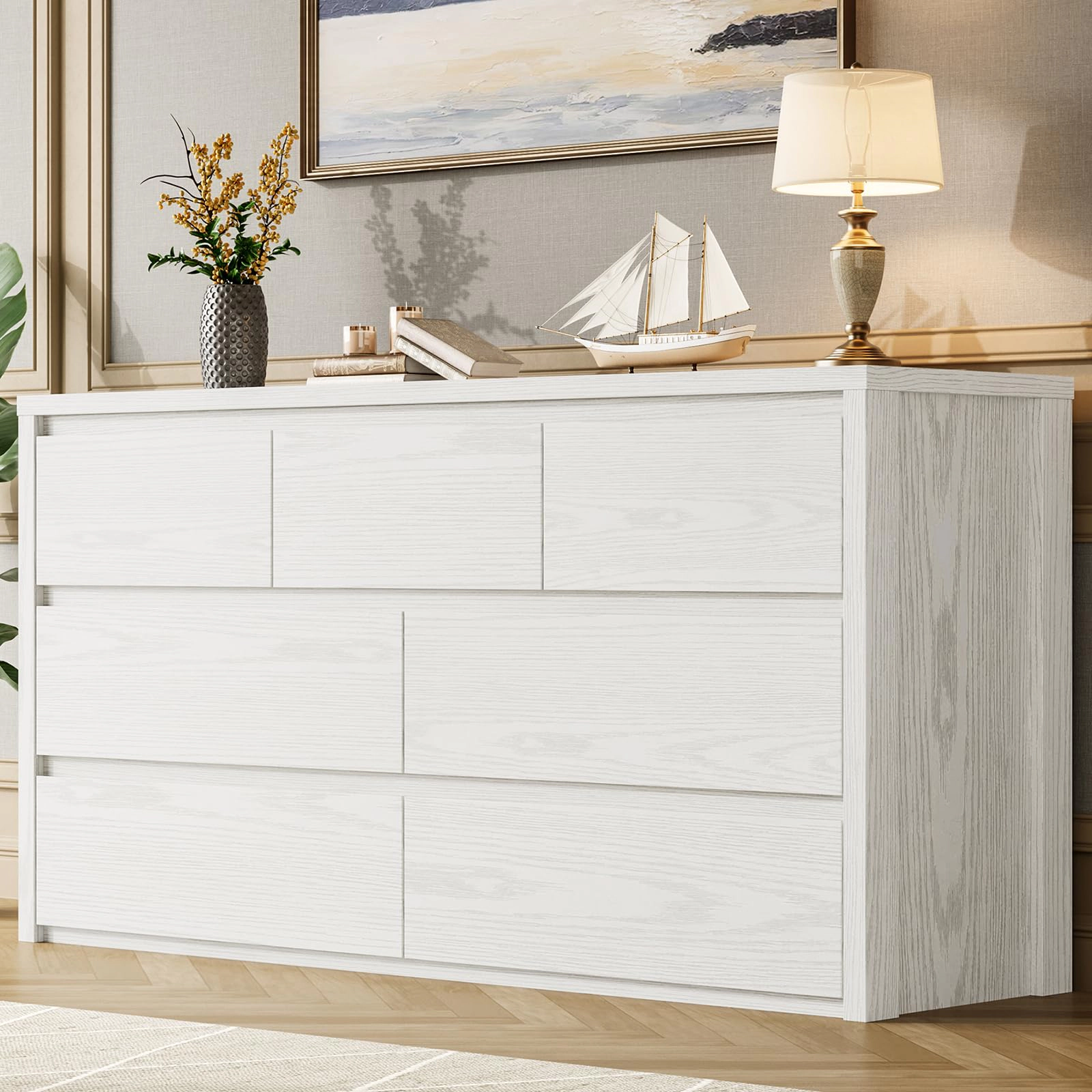 Modern 7 Drawer Wooden Dresser, Wide Minimalist Chest of Drawers for Bedroom or Living Room