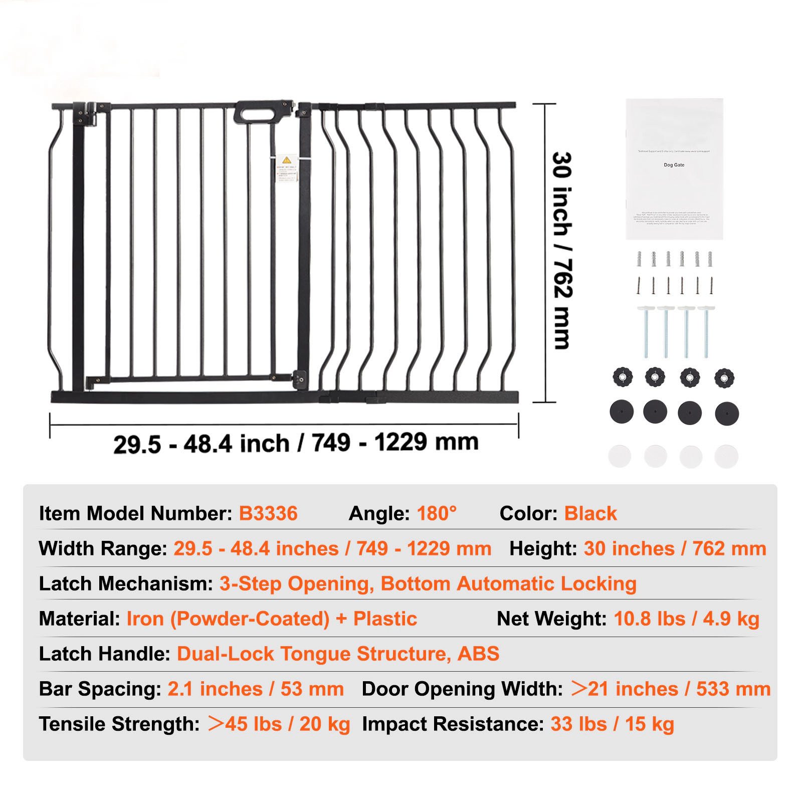 HONGGE Baby Gate for Stairs Adjustable Width Dog Gate No Bottom Bar One-Handed Operation Easy Drilling Installation