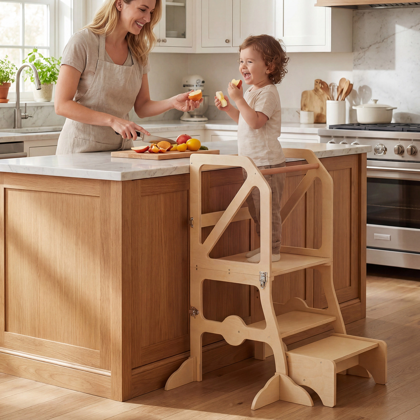 SUGIFT Multifunctional Kids Kitchen Step Stool Natural with Removable Safety Bar