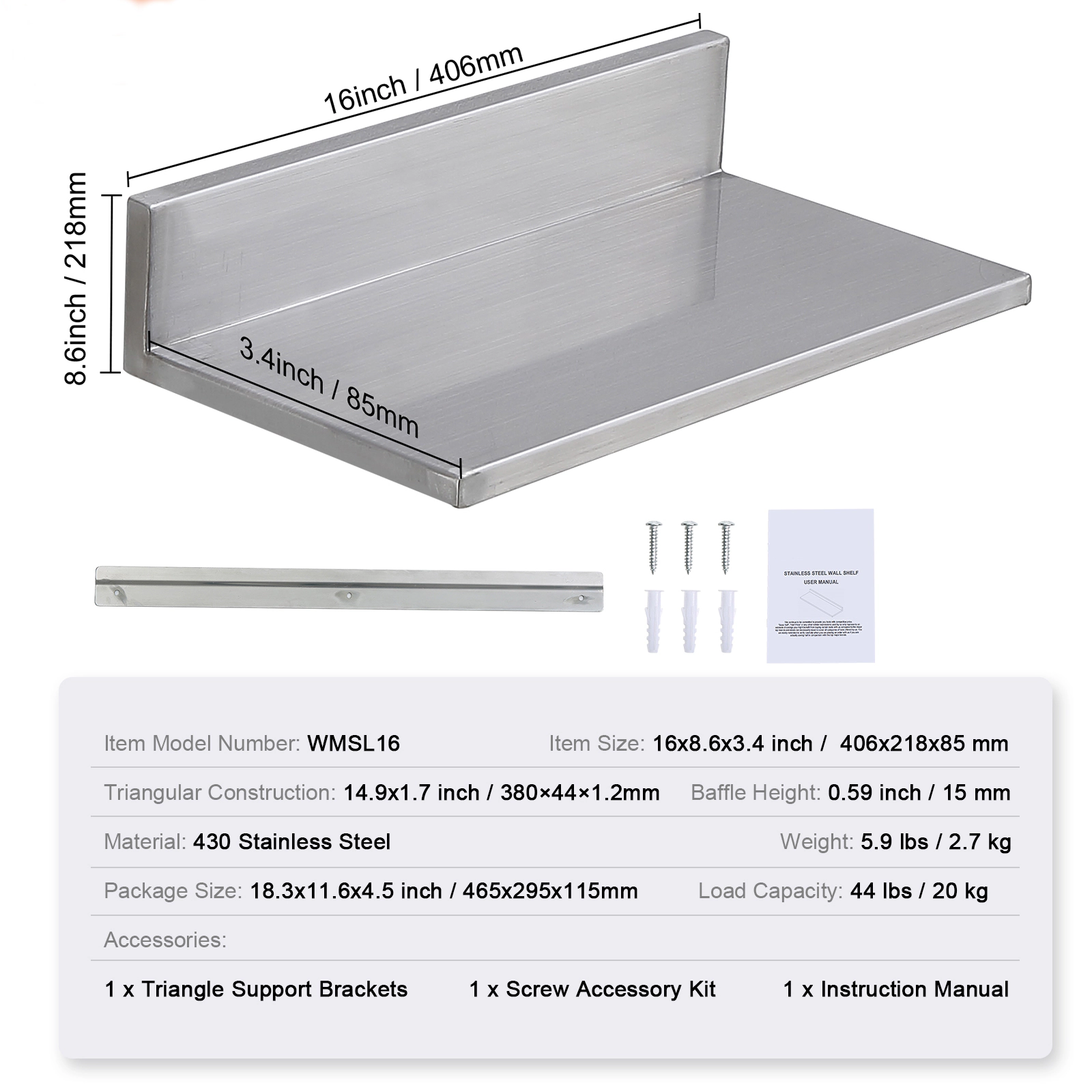 HONGGE 2 Pack Stainless Steel Shelf Wall Mounted Floating Shelving with Backsplash 44 lbs Load Capacity Commercial