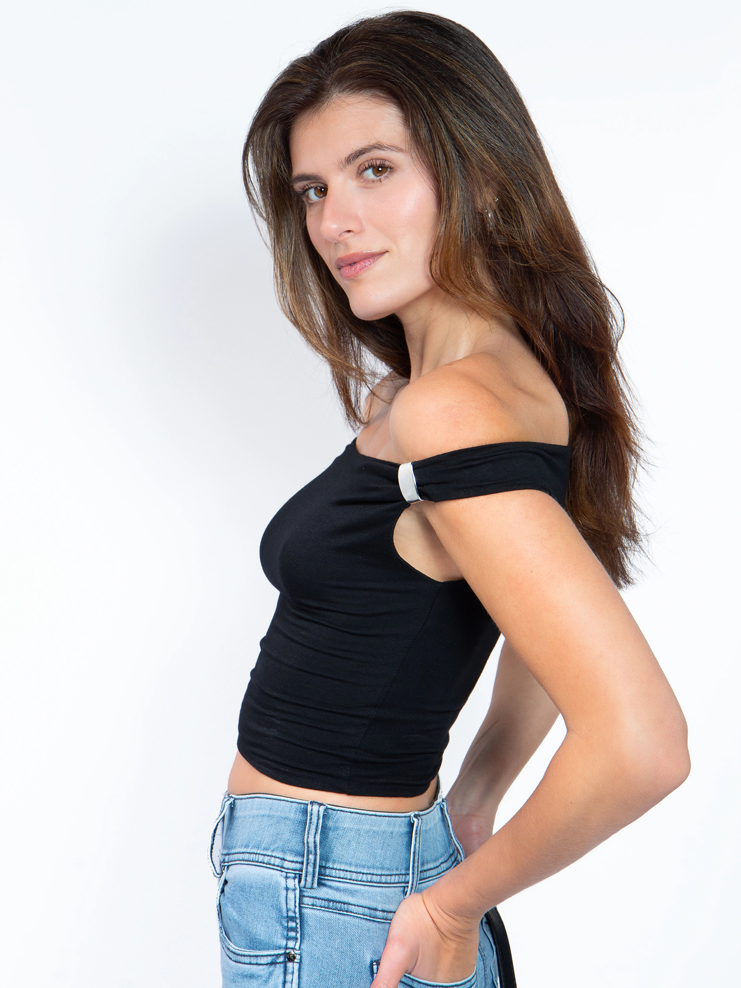 JESS by Meiko Women's Off-Shoulder Metal Decor Stretchy Top