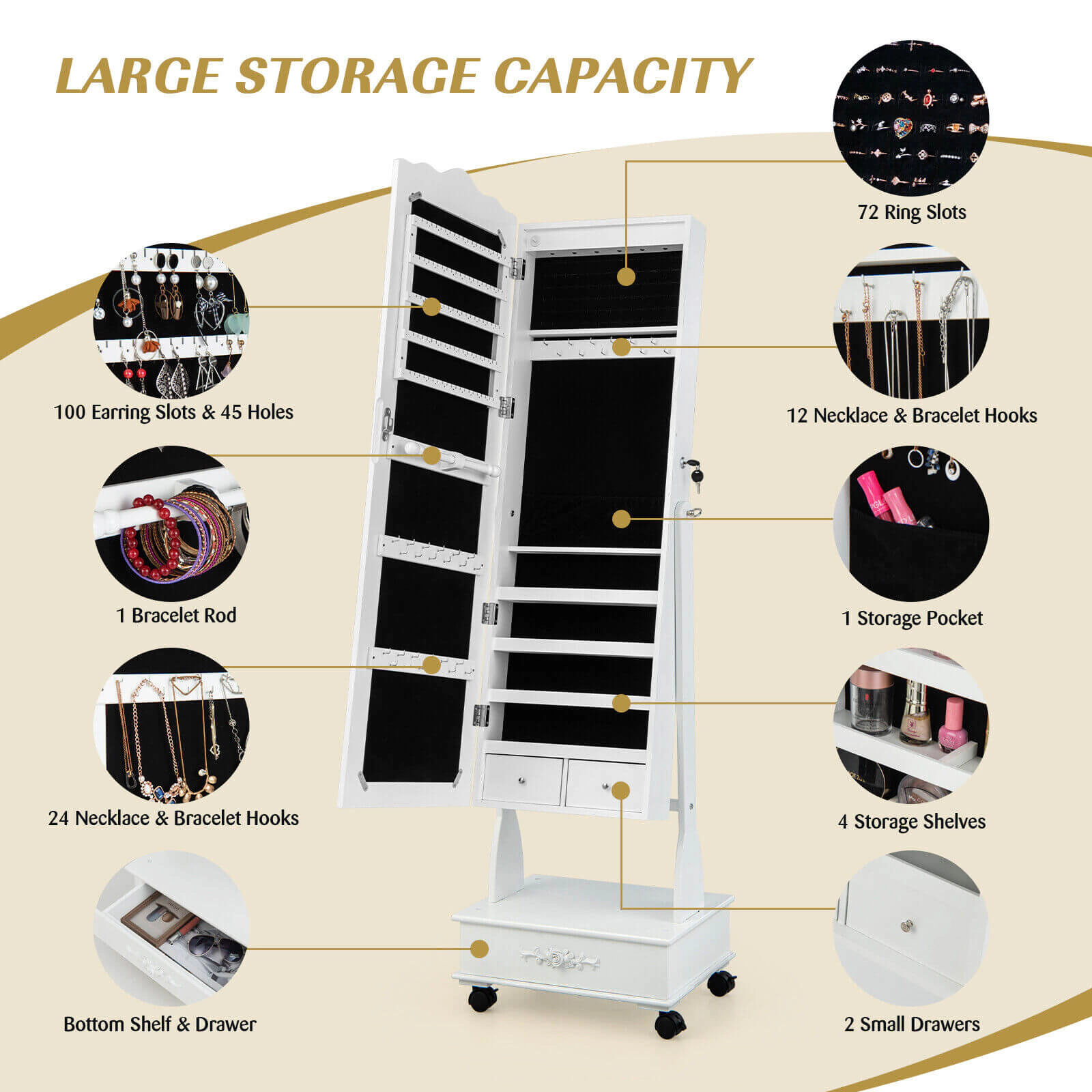 Slickblue Freestanding Rolling Jewelry Storage Cabinet with Full-Length Mirror, Lockable Armoire, Drawer and Shelf