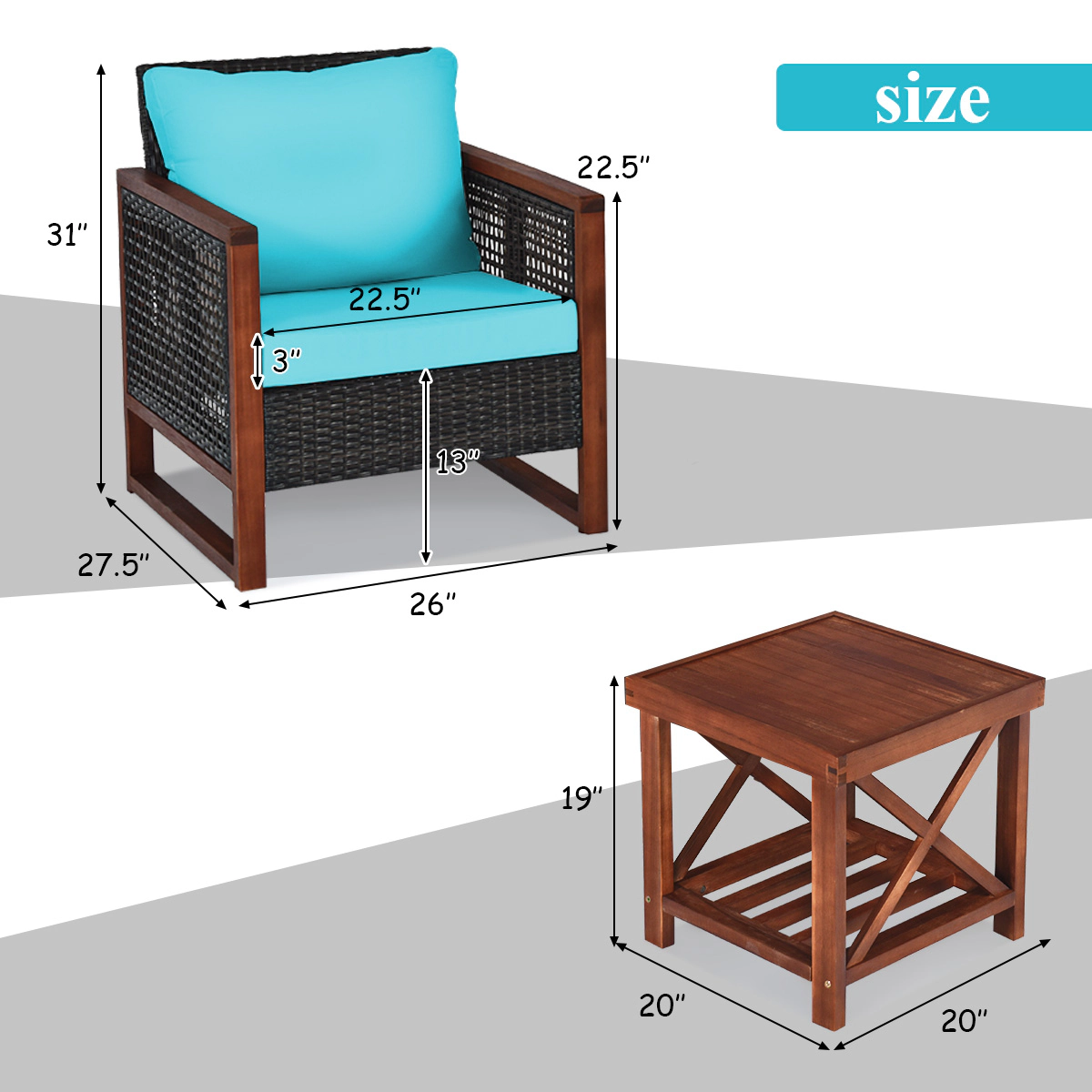 SUGIFT Turquoise 2-Shelf Coffee Table 3-Piece Acacia Wood and Rattan Patio Chair Set