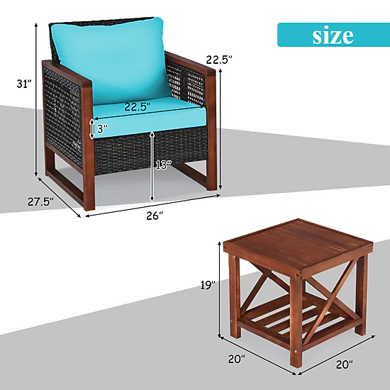 SUGIFT 3-Piece Turquoise Patio Furniture Set with Acacia Rattan Chairs and 2-Shelf Coffee Table 360-lb Per Chair