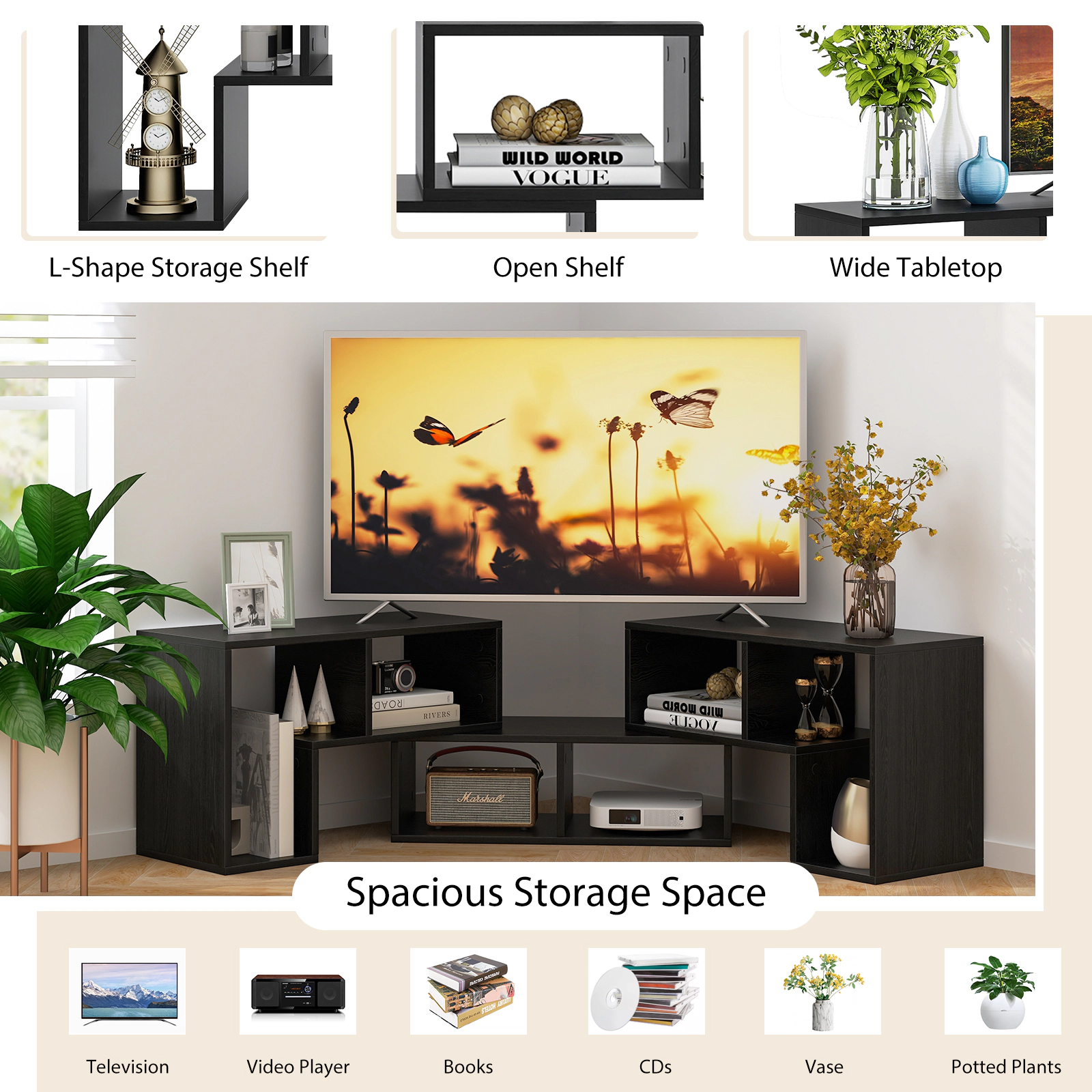 SUGIFT 3-Piece Black TV Stand for TVs up to 65 Inches, 6 Open Storage Bays